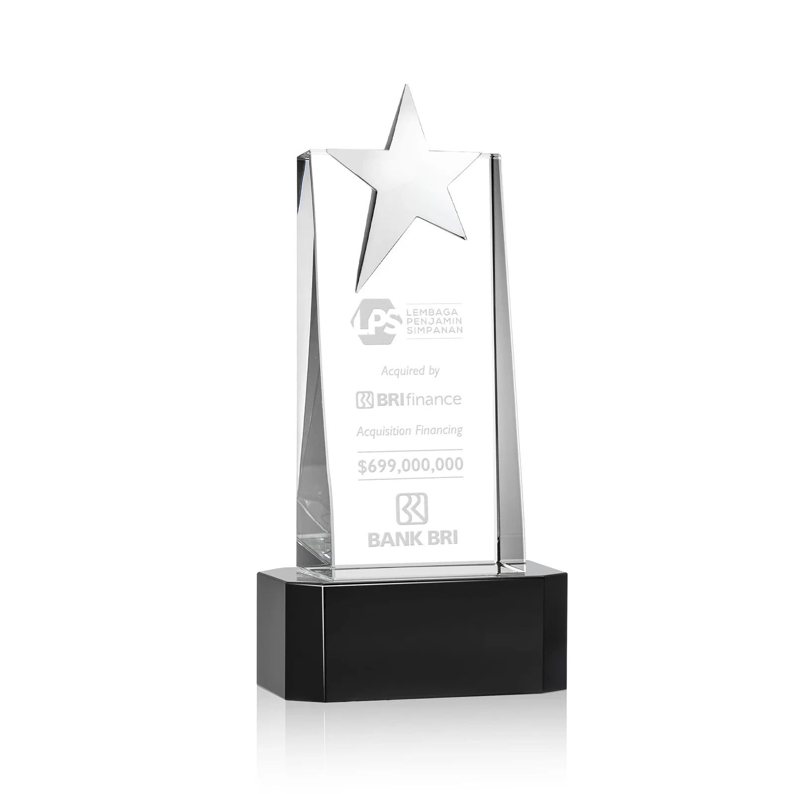 Custom Optical Crystal Tower Award with Chrome Star Crown on Thick Base for company anniversary events