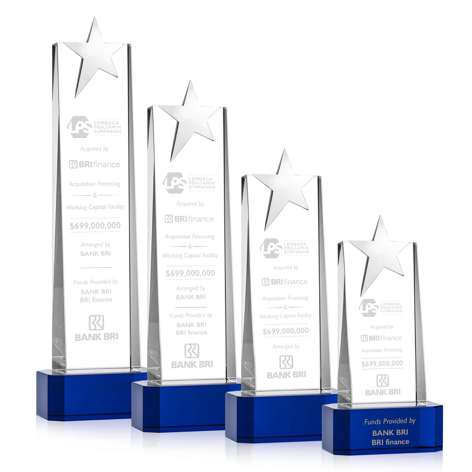 Personalized Optical Crystal Tower Award with Chrome Star Crown on Thick Base for sales achievement awards