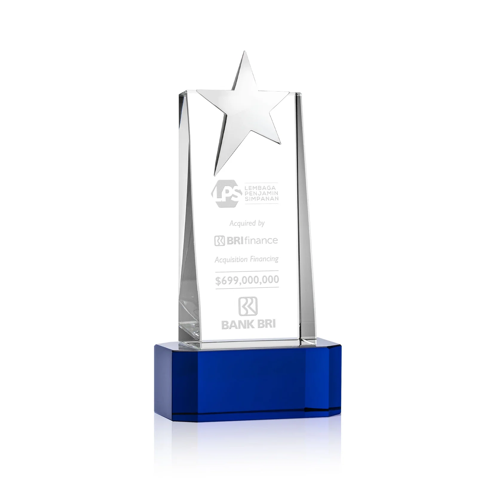 Personalized Optical Crystal Tower Award with Chrome Star Crown on Thick Base for retirement presentations