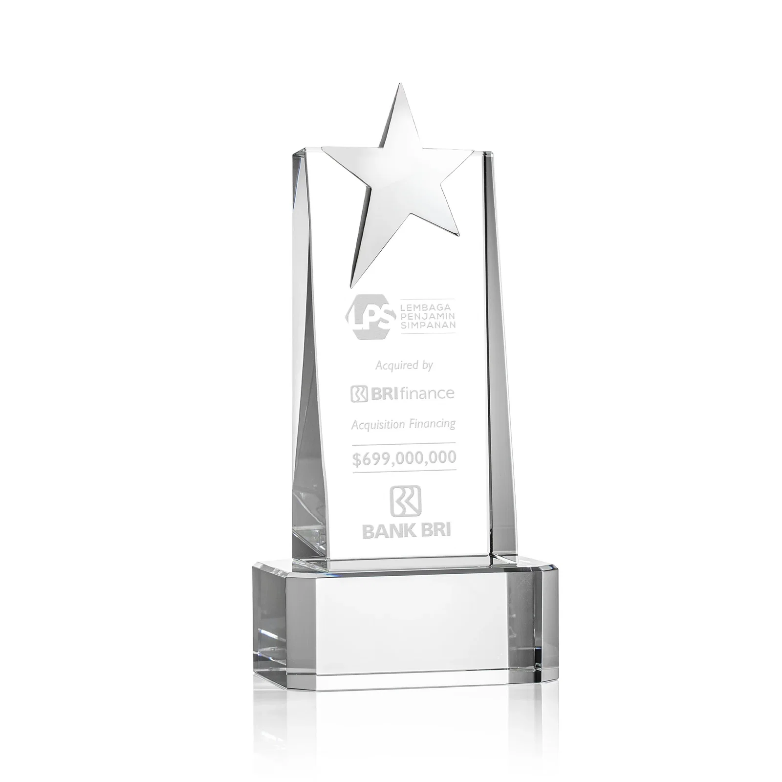 Custom Optical Crystal Tower Award with Chrome Star Crown on Thick Base for corporate award ceremonies