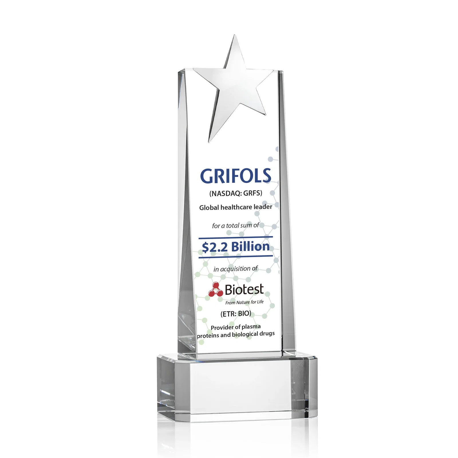 Personalized Optical Crystal Tower Award with Chrome Star Crown on Thick Base for dealer and partner awards