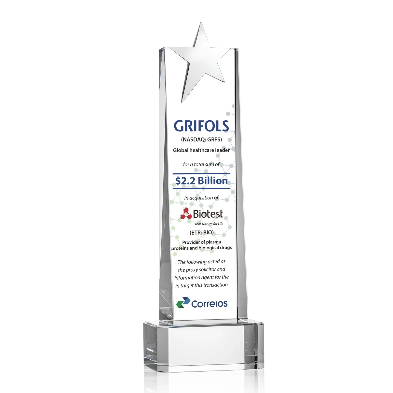 Personalized Optical Crystal Tower Award with Chrome Star Crown on Thick Base for company anniversary events
