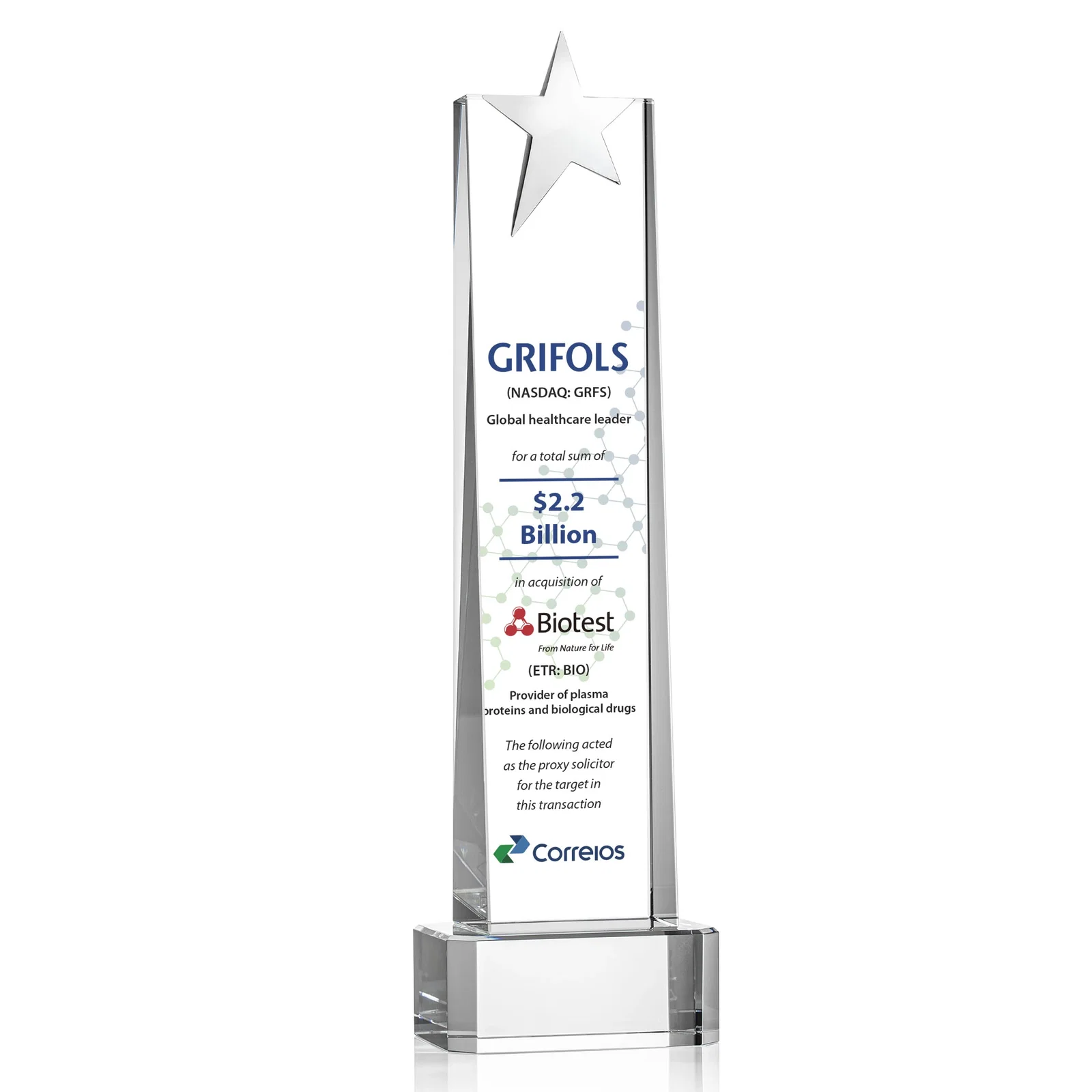 Promotional Optical Crystal Tower Award with Chrome Star Crown on Thick Base for employee recognition