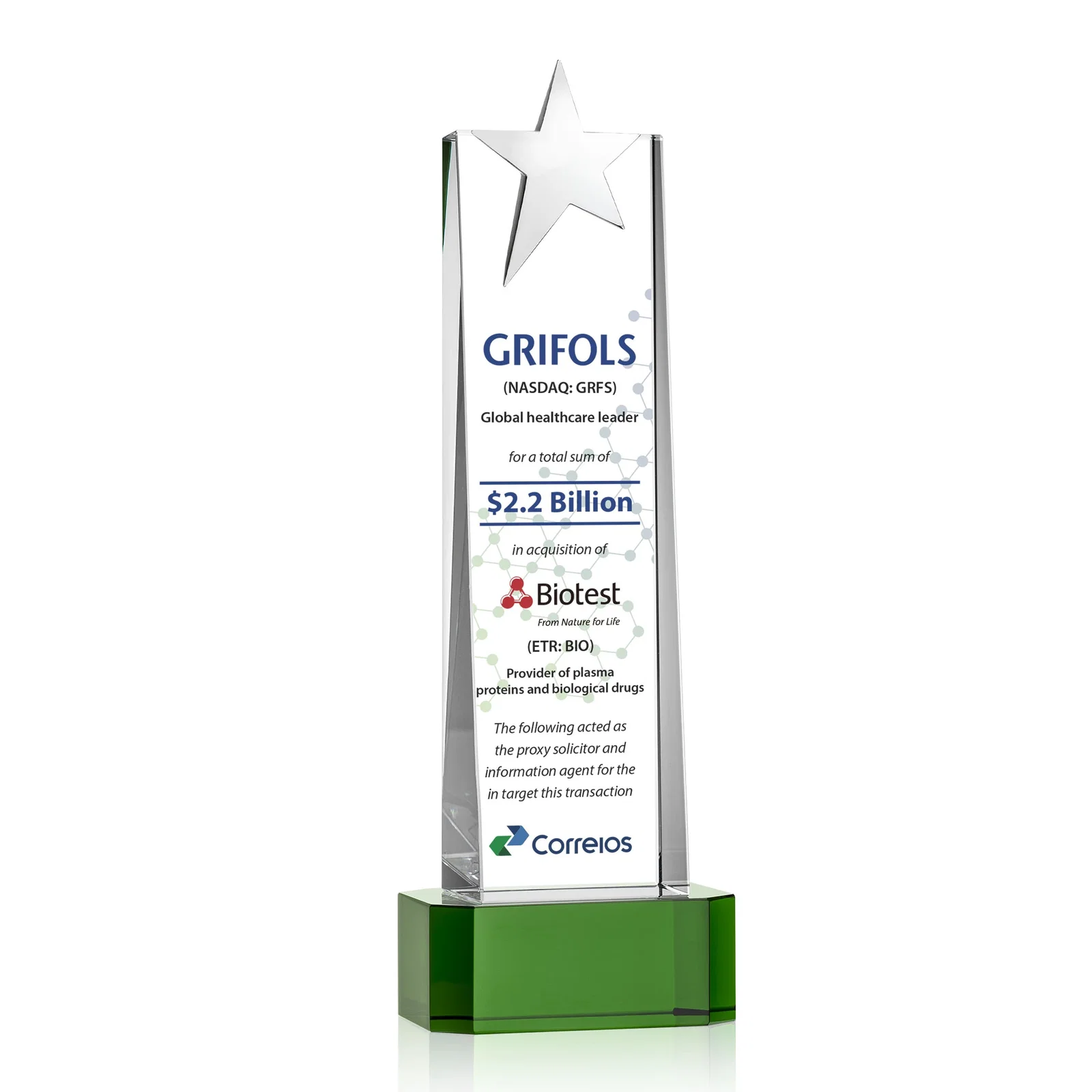 Promotional Optical Crystal Tower Award with Chrome Star Crown on Thick Base for retirement presentations
