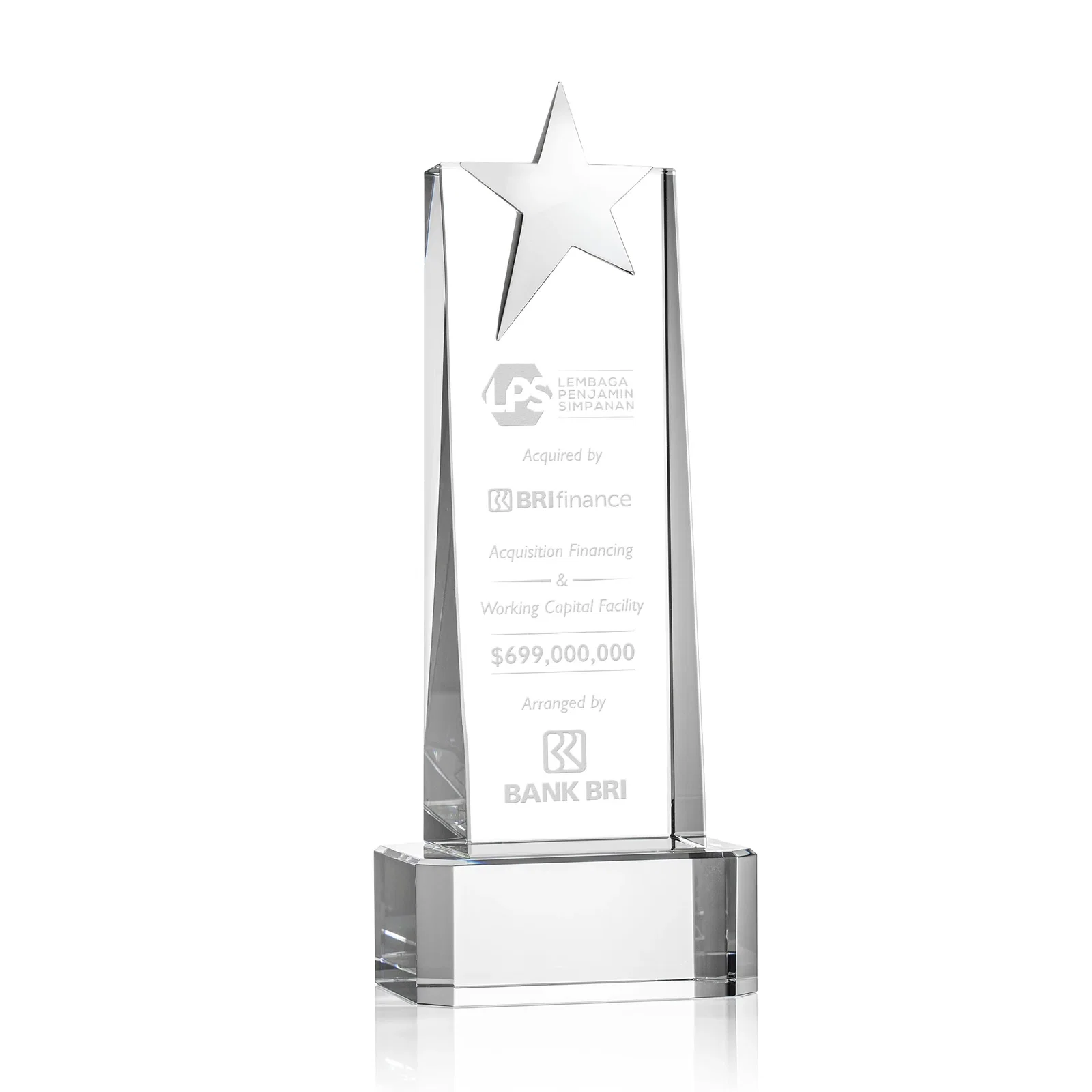 Custom Optical Crystal Tower Award with Chrome Star Crown on Thick Base for service anniversary gifts