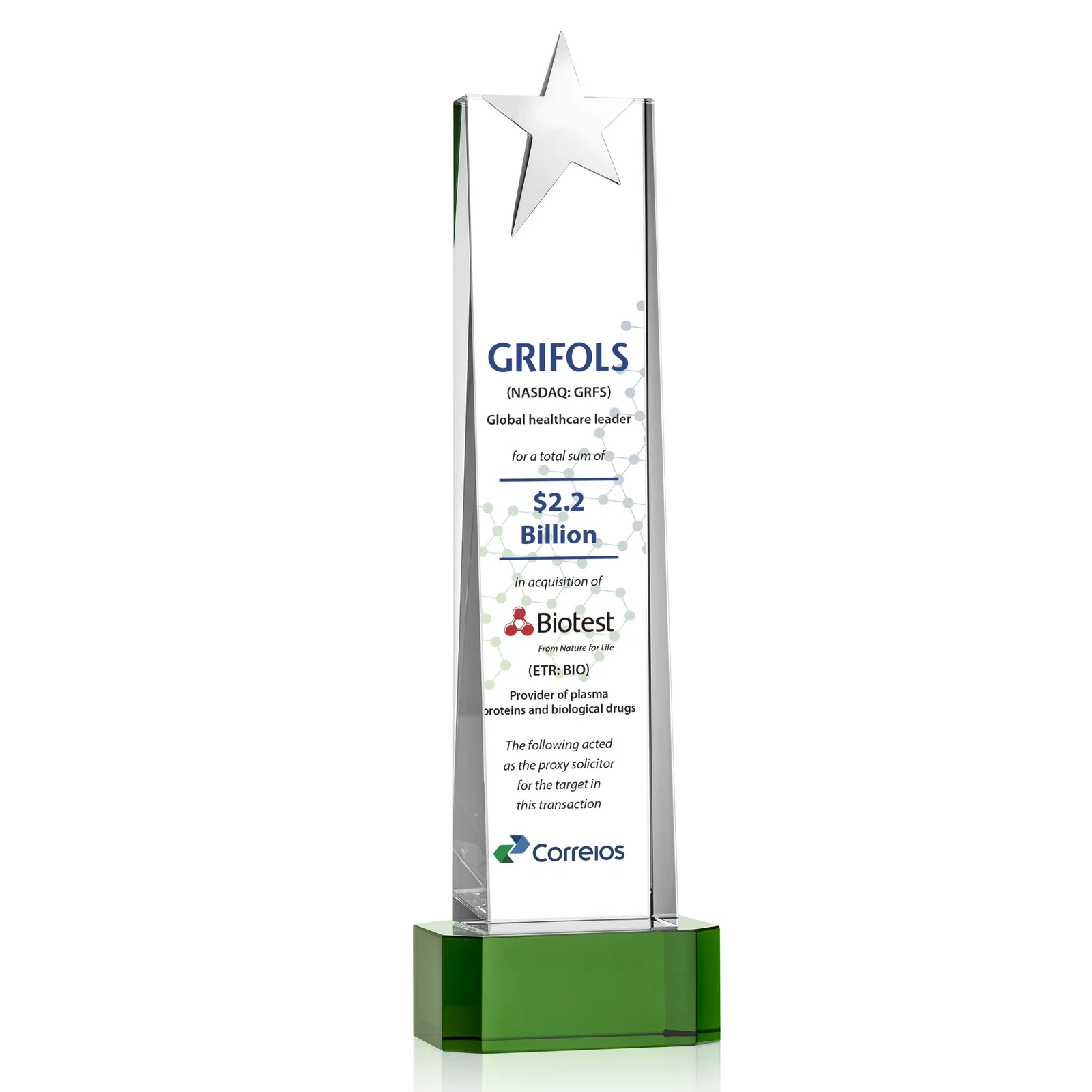 Promotional Optical Crystal Tower Award with Chrome Star Crown on Thick Base for team milestone celebrations