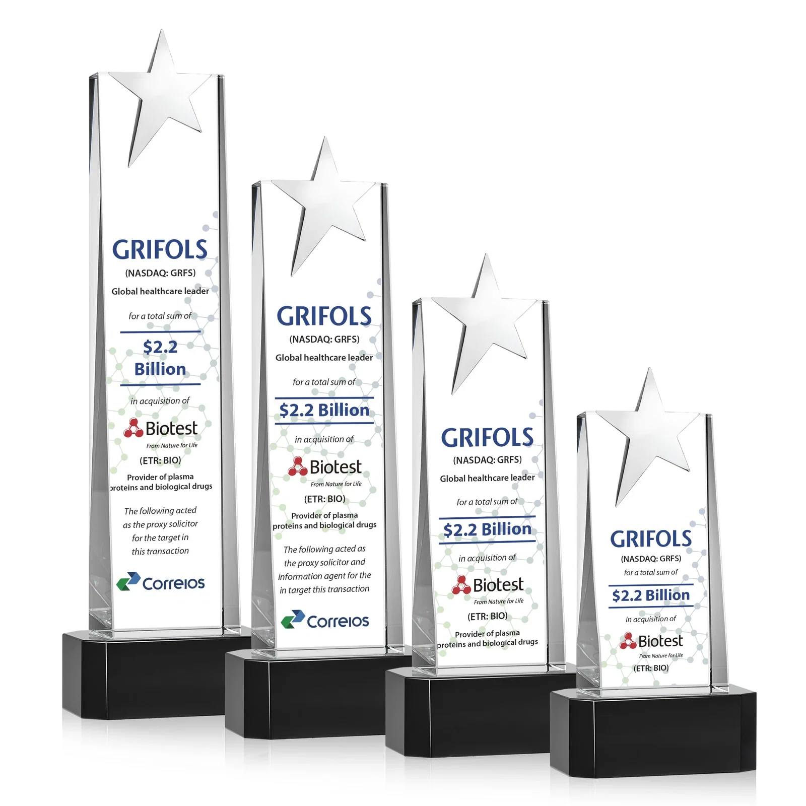 Promotional Optical Crystal Tower Award with Chrome Star Crown on Thick Base for donor appreciation