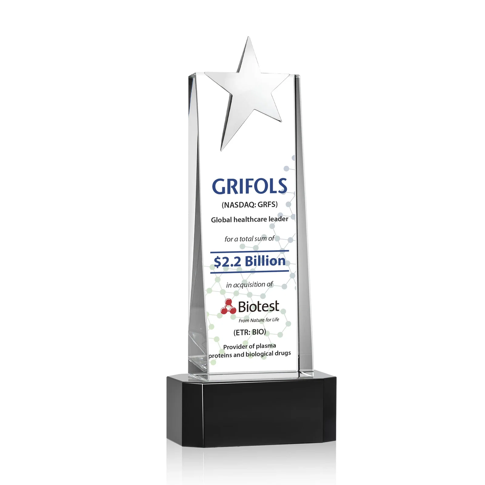 Promotional Optical Crystal Tower Award with Chrome Star Crown on Thick Base for safety achievement programs