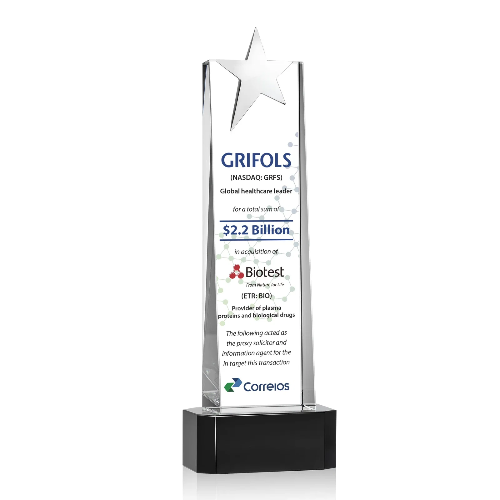 Promotional Optical Crystal Tower Award with Chrome Star Crown on Thick Base for volunteer appreciation