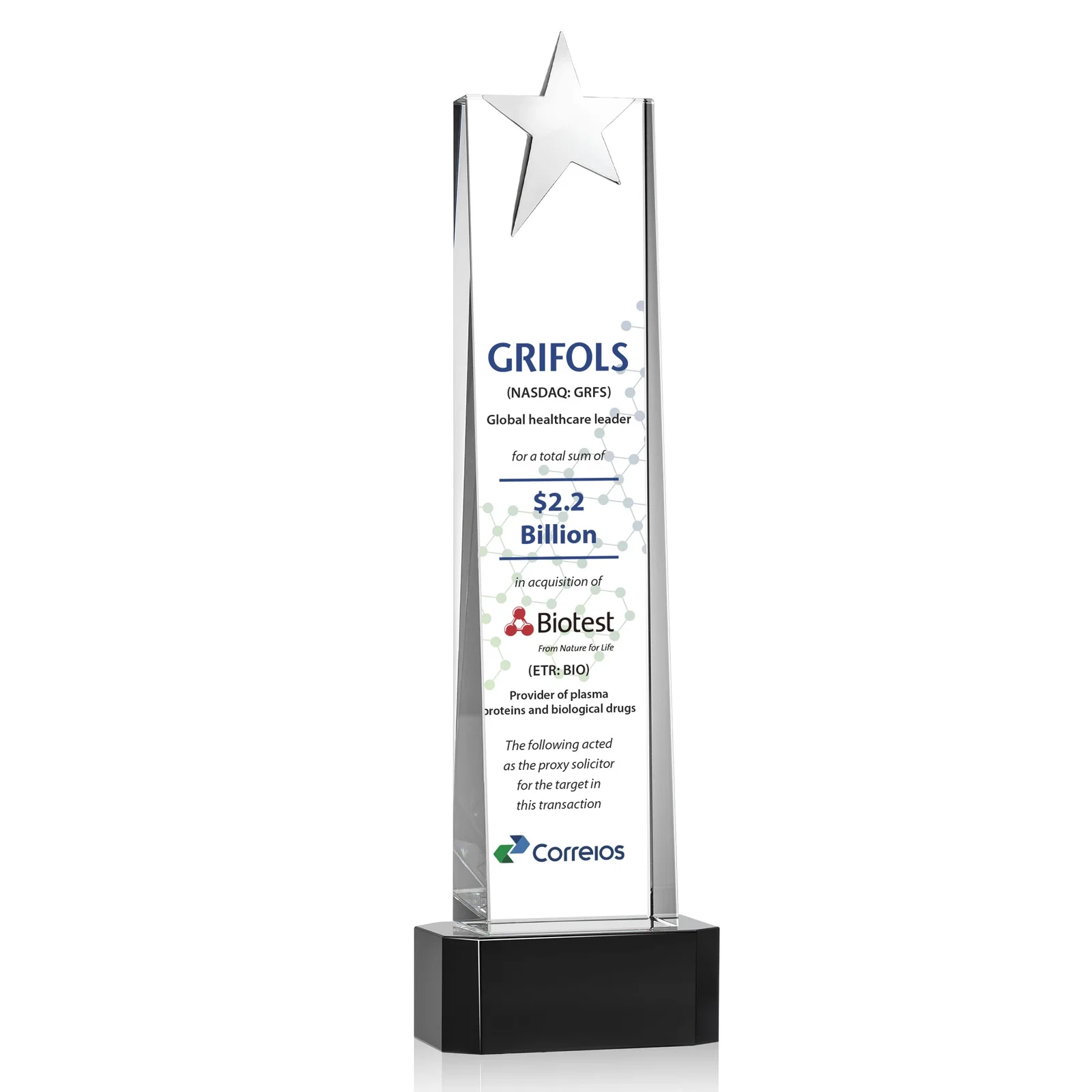 Promotional Optical Crystal Tower Award with Chrome Star Crown on Thick Base for dealer and partner awards