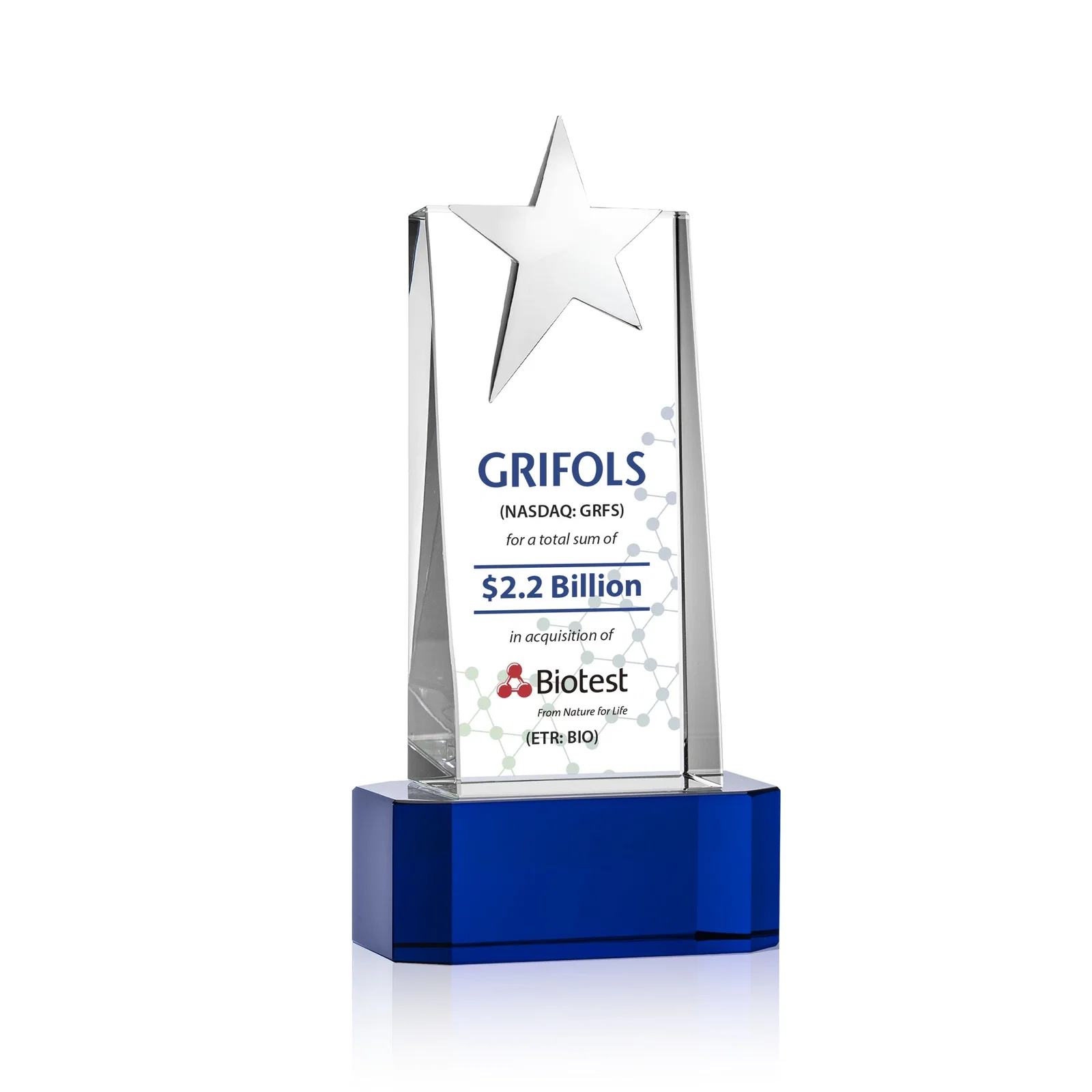 Branded Optical Crystal Tower Award with Chrome Star Crown on Thick Base for employee recognition