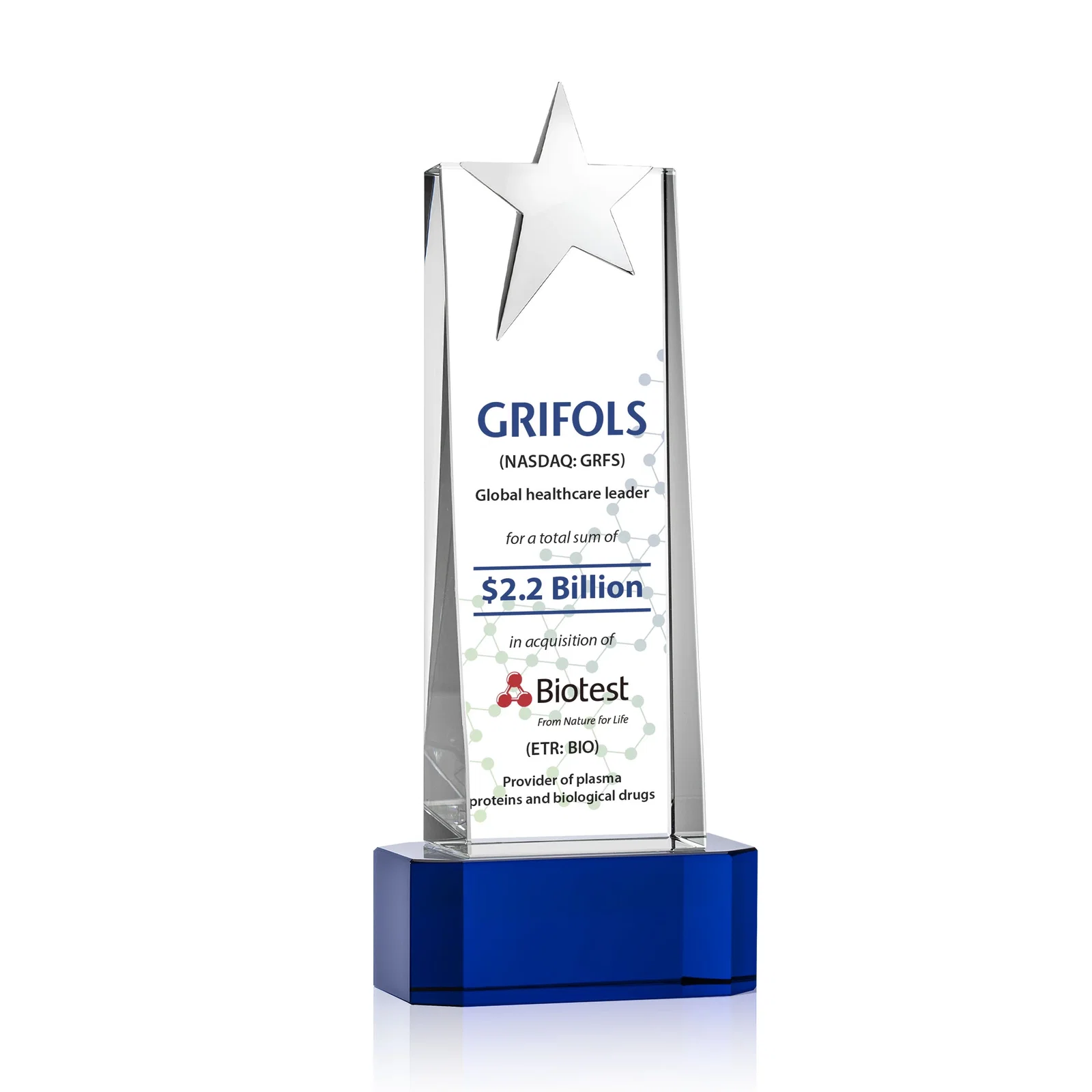 Branded Optical Crystal Tower Award with Chrome Star Crown on Thick Base for corporate award ceremonies