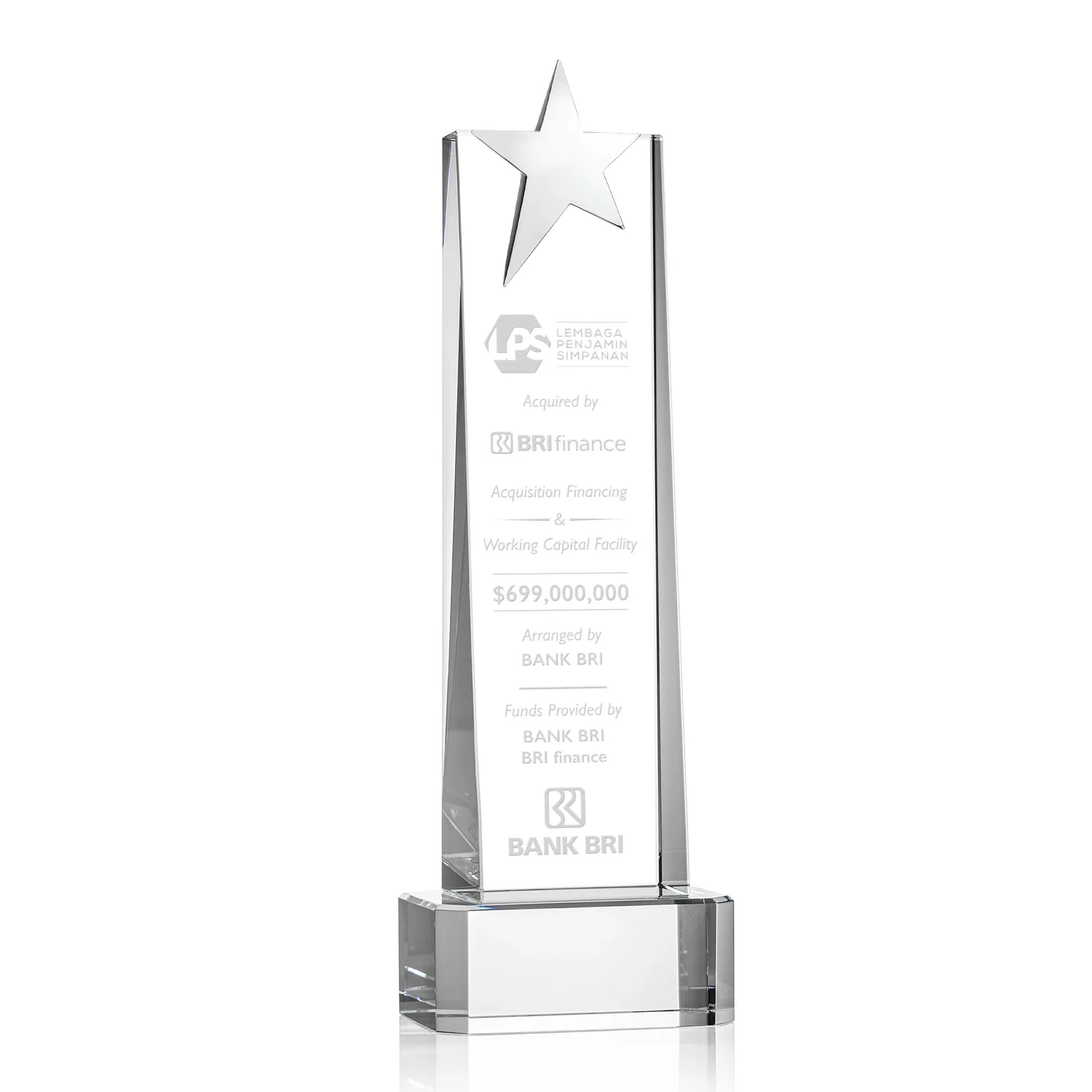 Custom Optical Crystal Tower Award with Chrome Star Crown on Thick Base for sales achievement awards