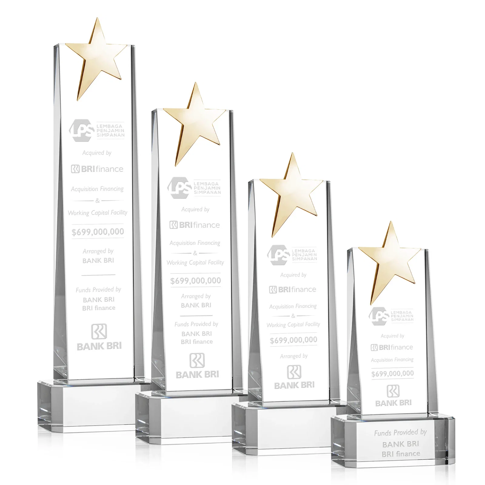 Branded Optical Crystal Tower Award with Chrome Star Crown on Thick Base for retirement presentations