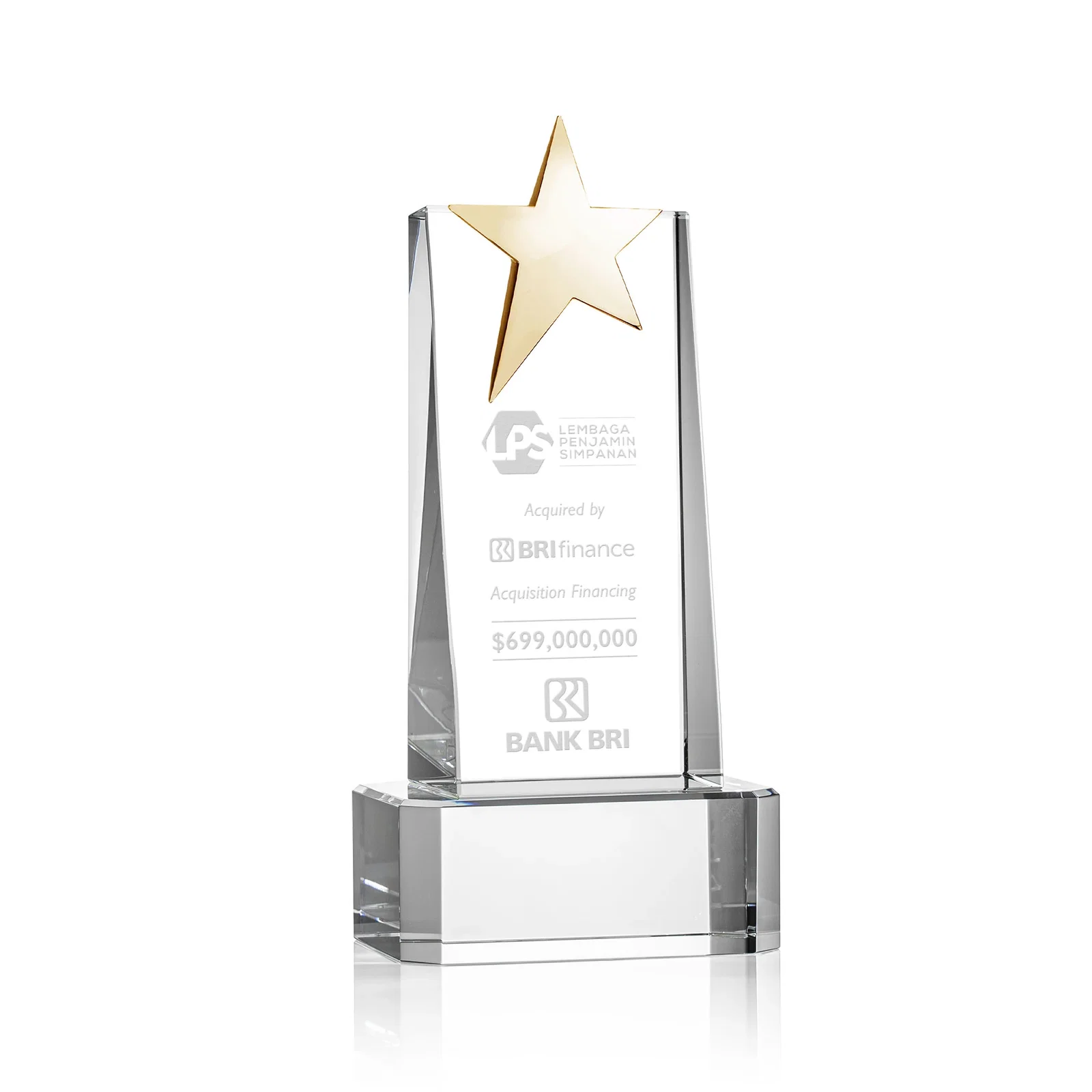 Branded Optical Crystal Tower Award with Chrome Star Crown on Thick Base for team milestone celebrations
