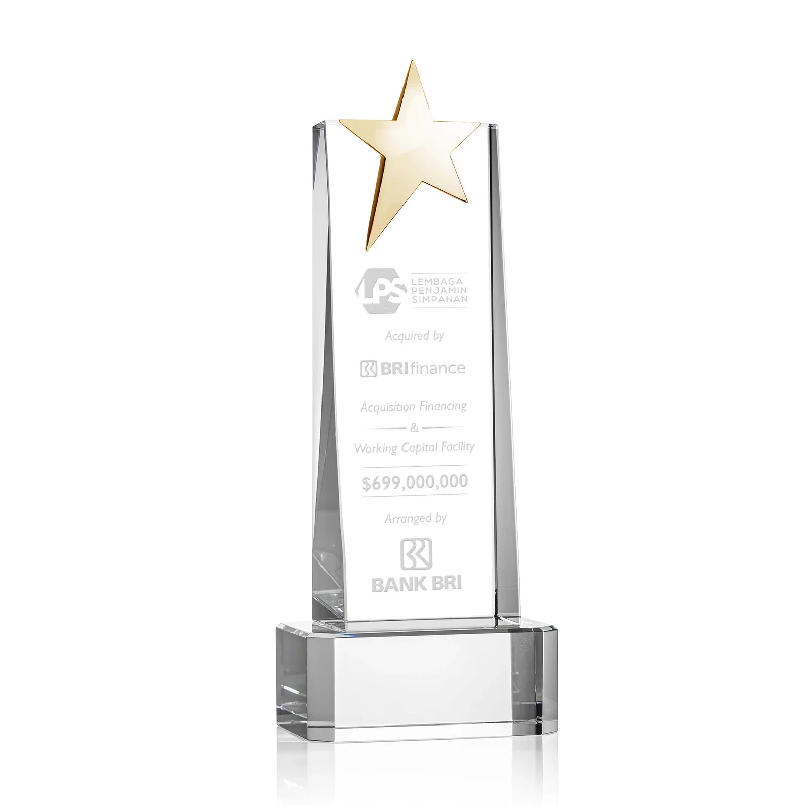 Branded Optical Crystal Tower Award with Chrome Star Crown on Thick Base for donor appreciation