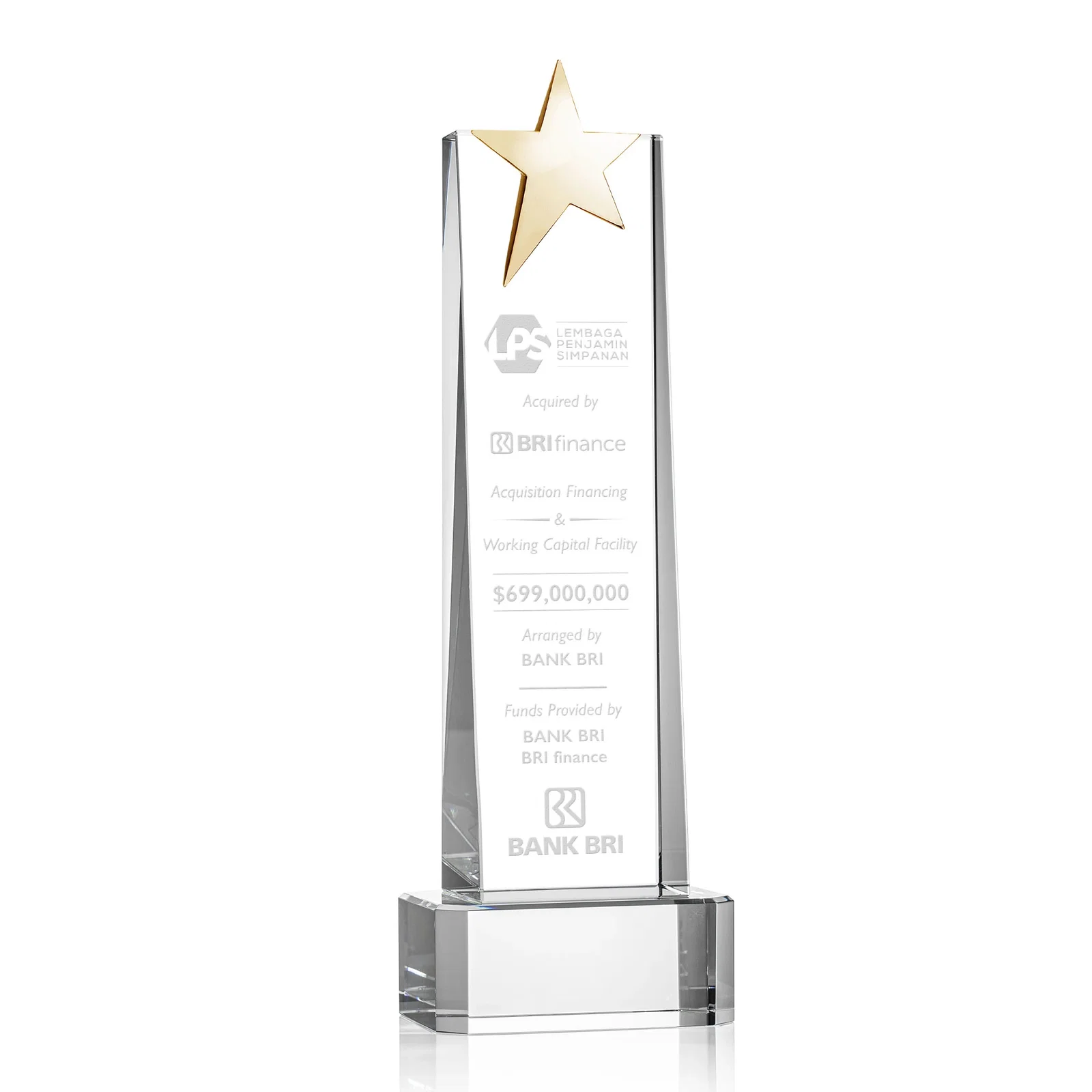 Branded Optical Crystal Tower Award with Chrome Star Crown on Thick Base for graduation ceremonies