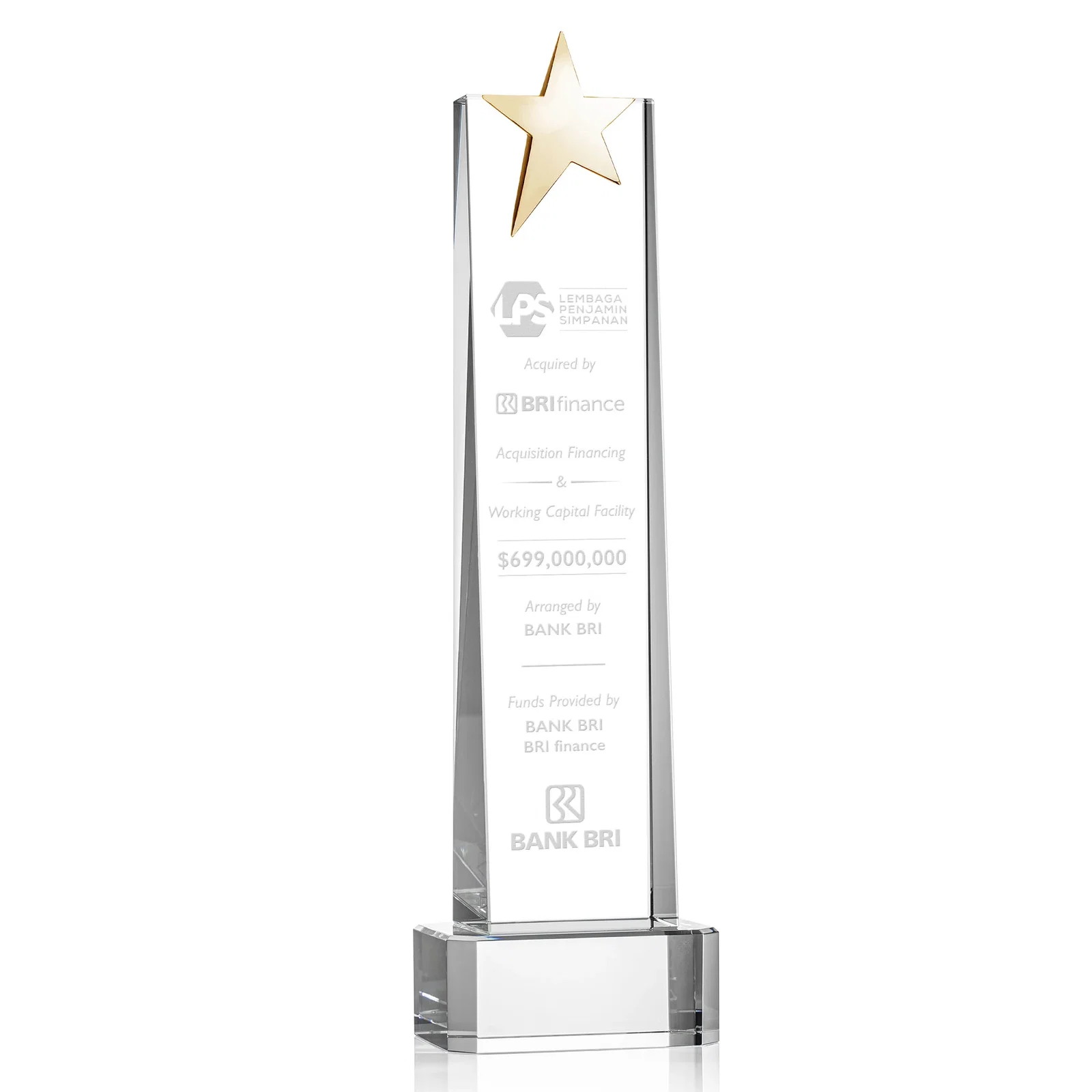 Branded Optical Crystal Tower Award with Chrome Star Crown on Thick Base for safety achievement programs
