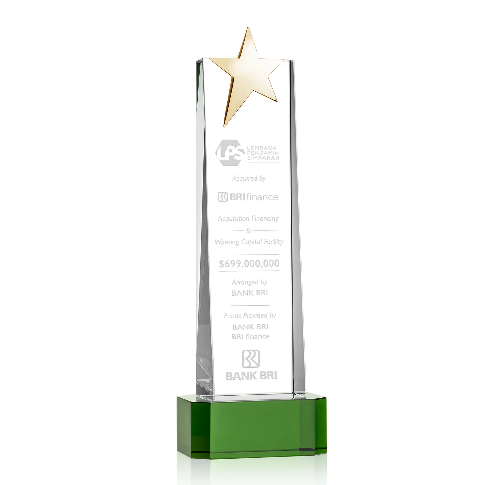 Custom printed Optical Crystal Tower Award with Chrome Star Crown on Thick Base for employee recognition