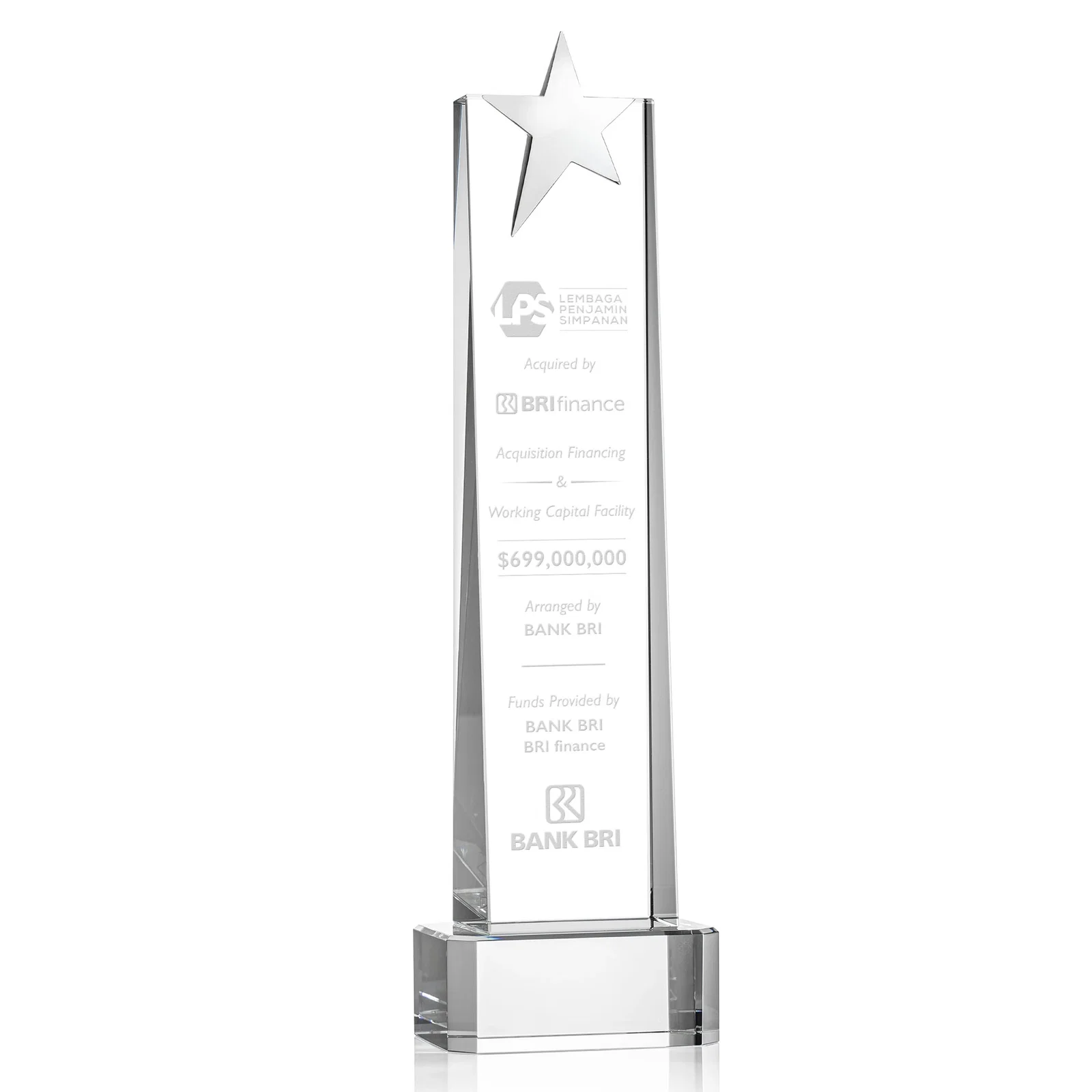 Custom Optical Crystal Tower Award with Chrome Star Crown on Thick Base for retirement presentations