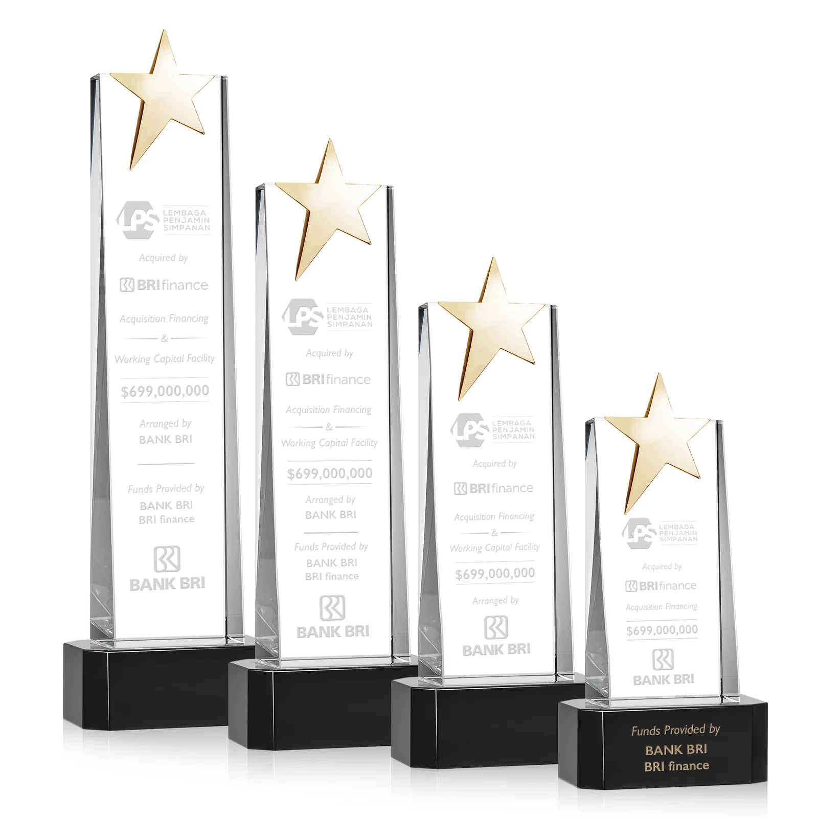 Custom printed Optical Crystal Tower Award with Chrome Star Crown on Thick Base for service anniversary gifts