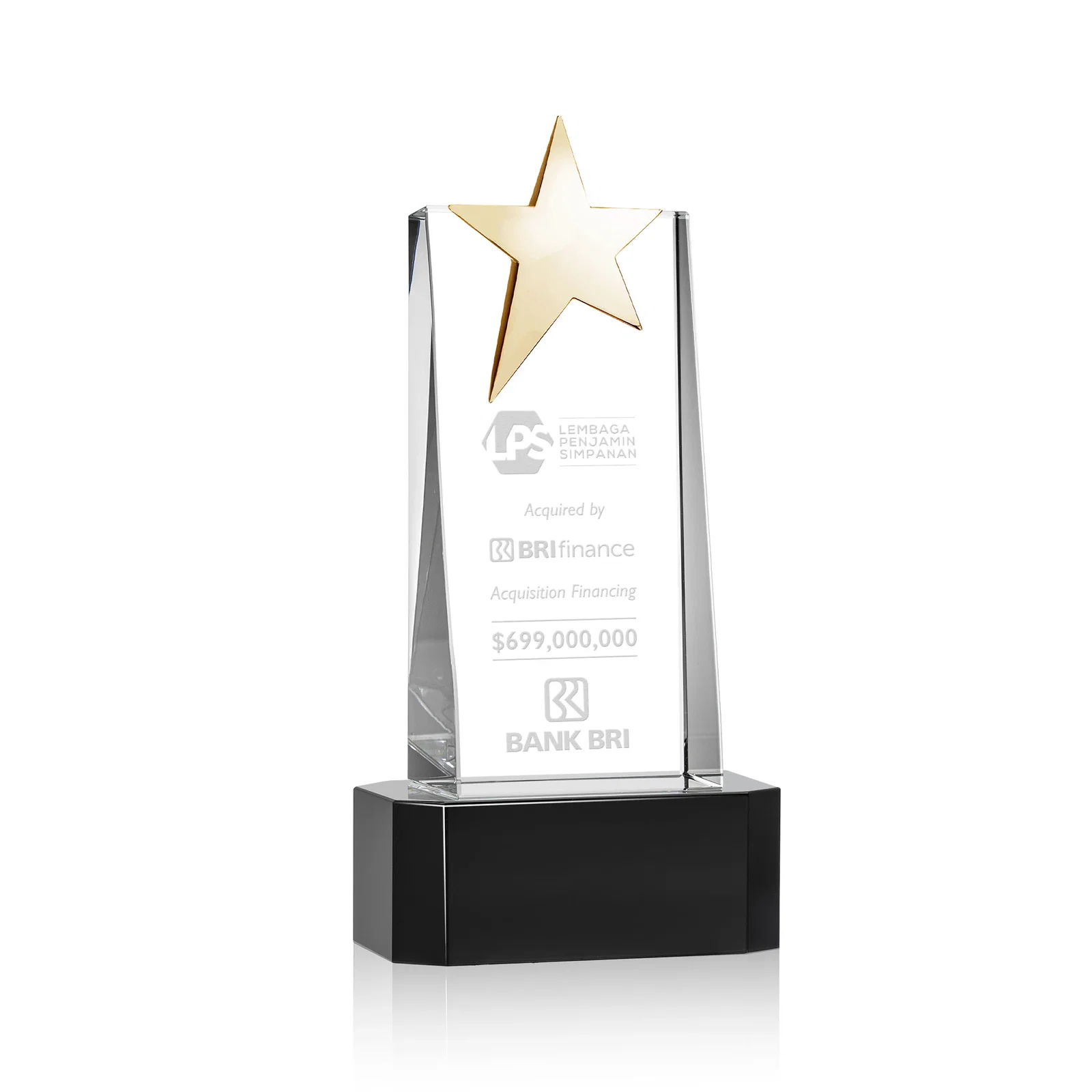 Custom printed Optical Crystal Tower Award with Chrome Star Crown on Thick Base for sales achievement awards