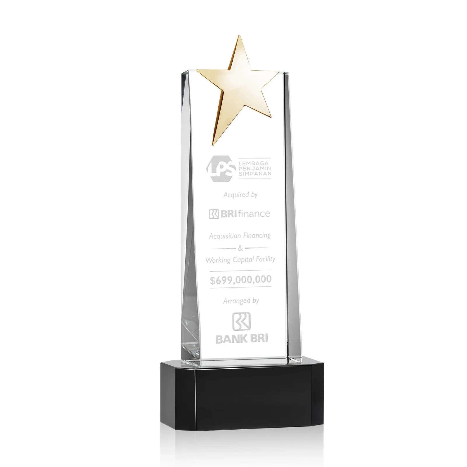 Custom printed Optical Crystal Tower Award with Chrome Star Crown on Thick Base for retirement presentations