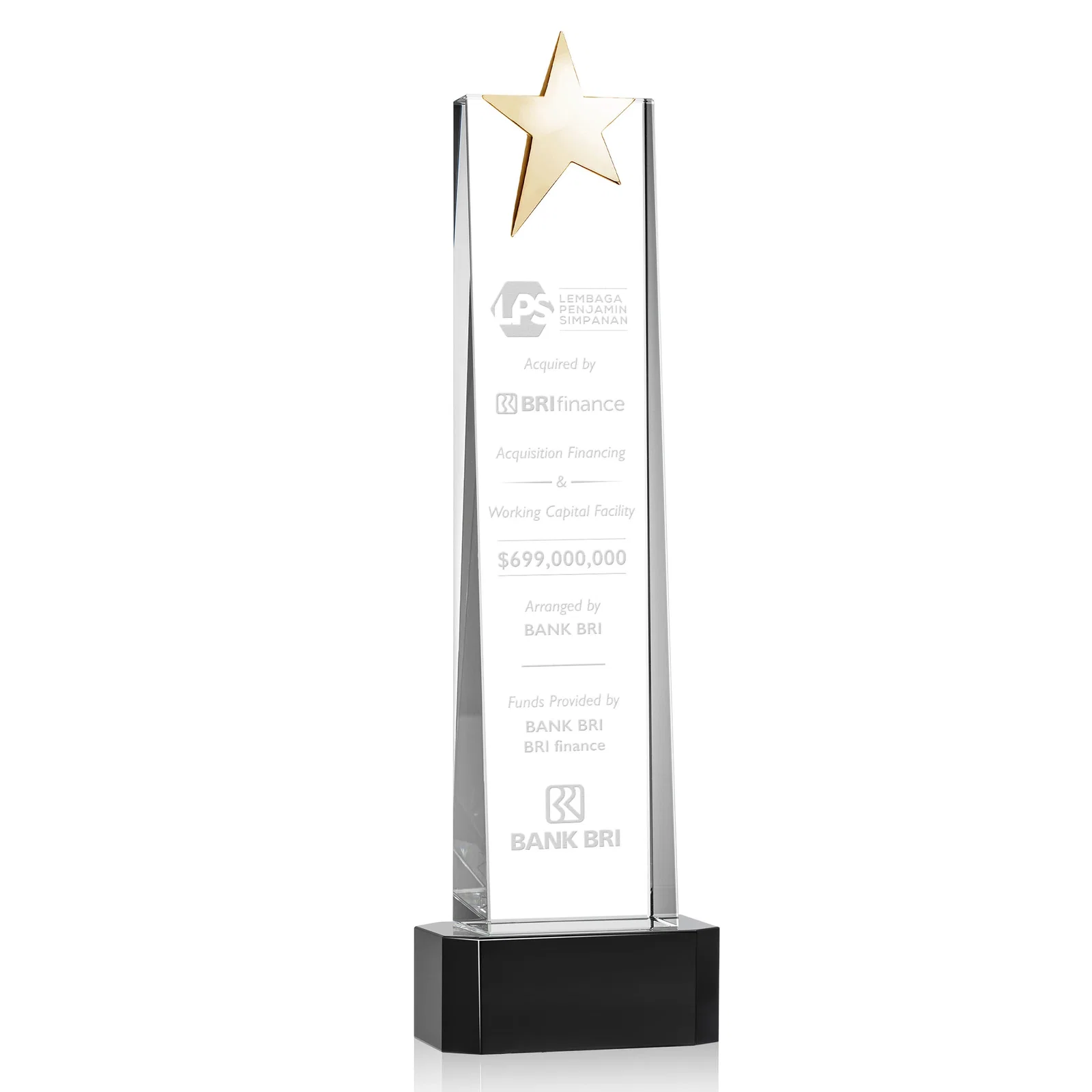 Custom printed Optical Crystal Tower Award with Chrome Star Crown on Thick Base for donor appreciation