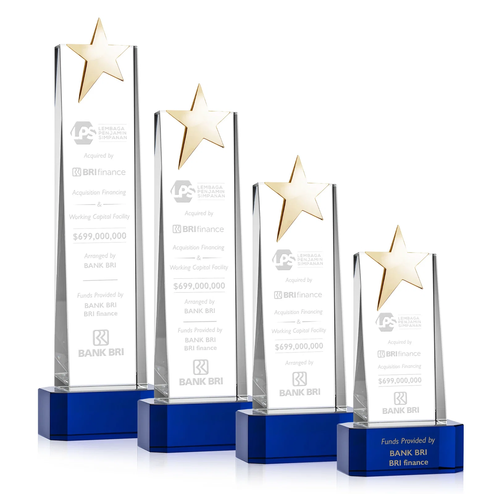 Custom printed Optical Crystal Tower Award with Chrome Star Crown on Thick Base for graduation ceremonies