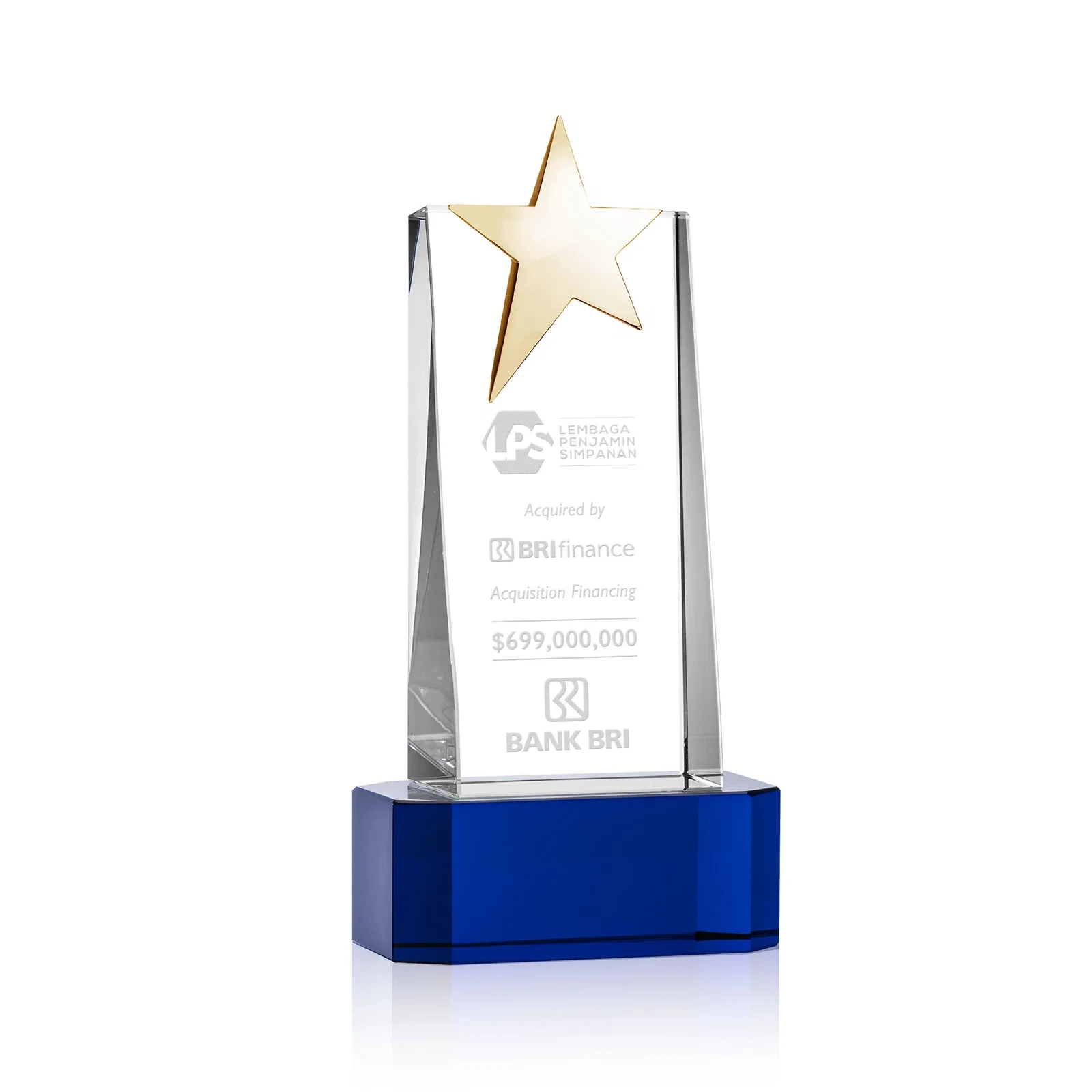 Custom printed Optical Crystal Tower Award with Chrome Star Crown on Thick Base for safety achievement programs