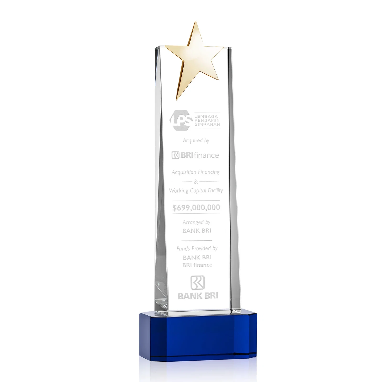 Custom printed Optical Crystal Tower Award with Chrome Star Crown on Thick Base for dealer and partner awards
