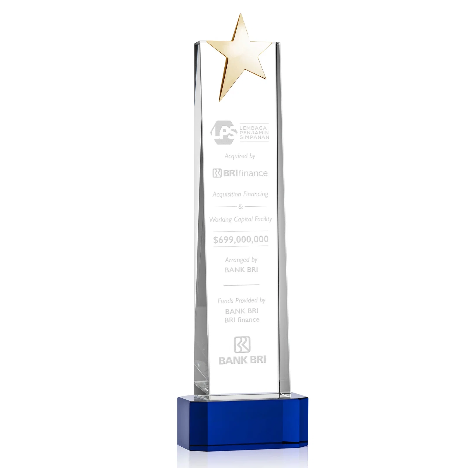 Custom printed Optical Crystal Tower Award with Chrome Star Crown on Thick Base for company anniversary events