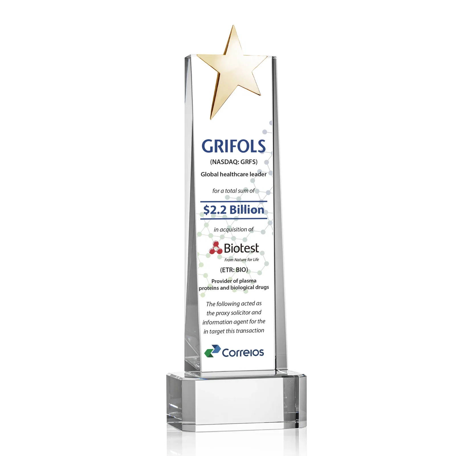 Customized Optical Crystal Tower Award with Chrome Star Crown on Thick Base for sales achievement awards