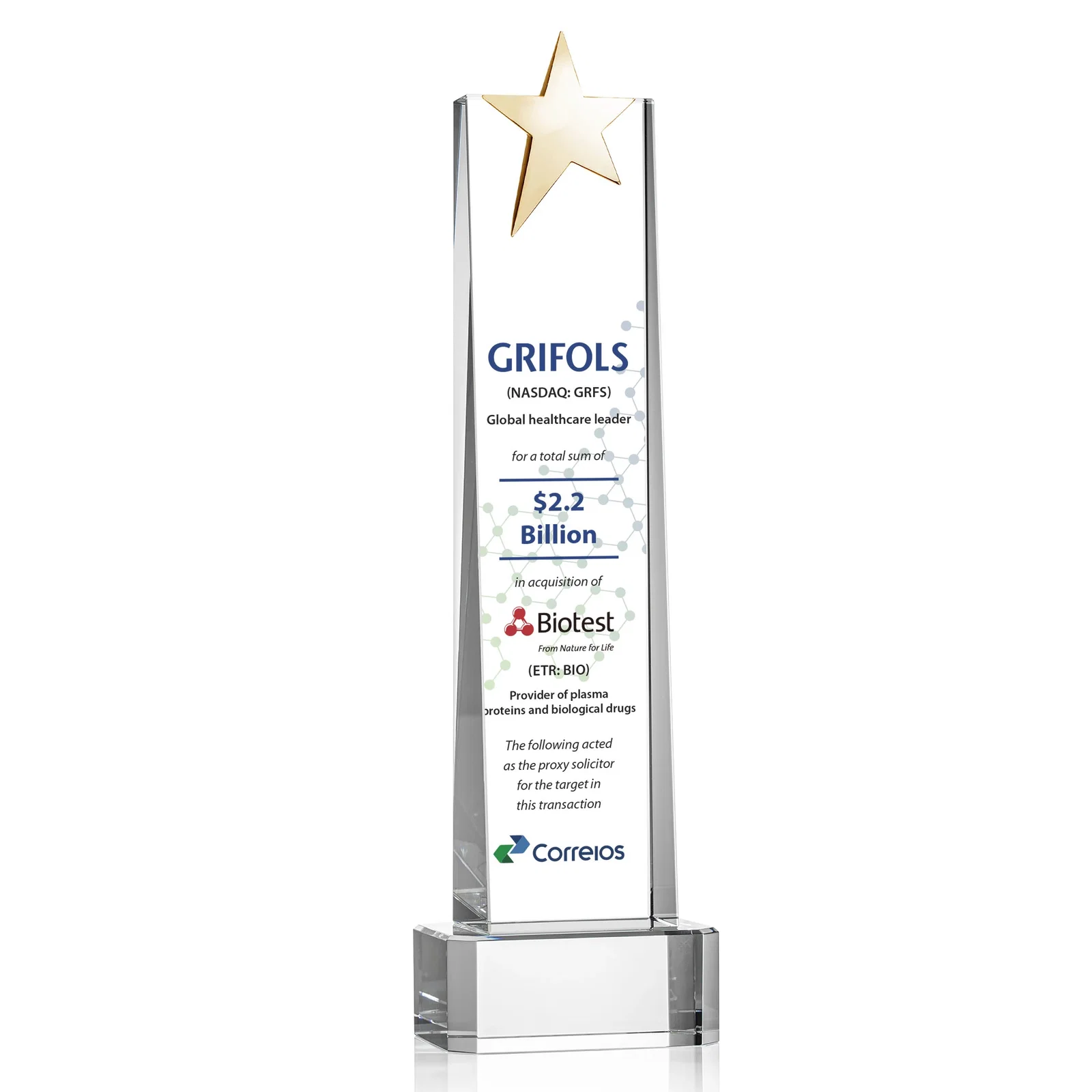 Customized Optical Crystal Tower Award with Chrome Star Crown on Thick Base for retirement presentations