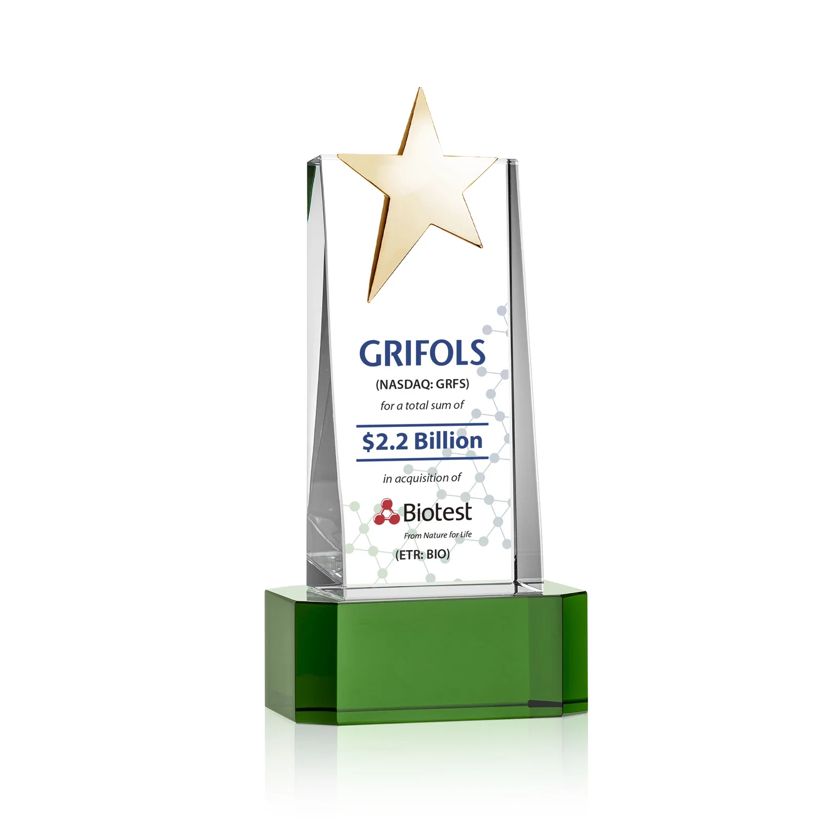 Customized Optical Crystal Tower Award with Chrome Star Crown on Thick Base for donor appreciation