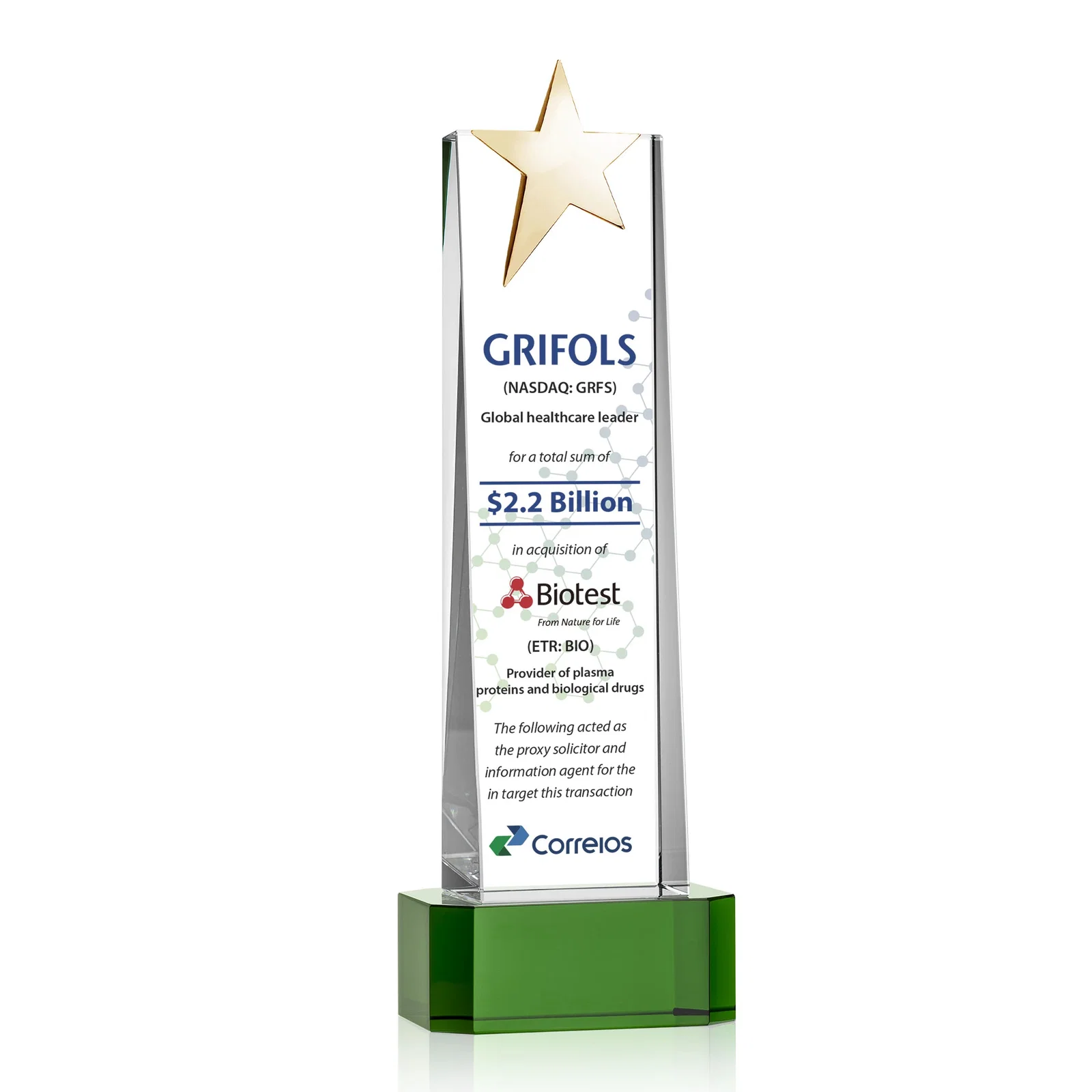 Customized Optical Crystal Tower Award with Chrome Star Crown on Thick Base for safety achievement programs