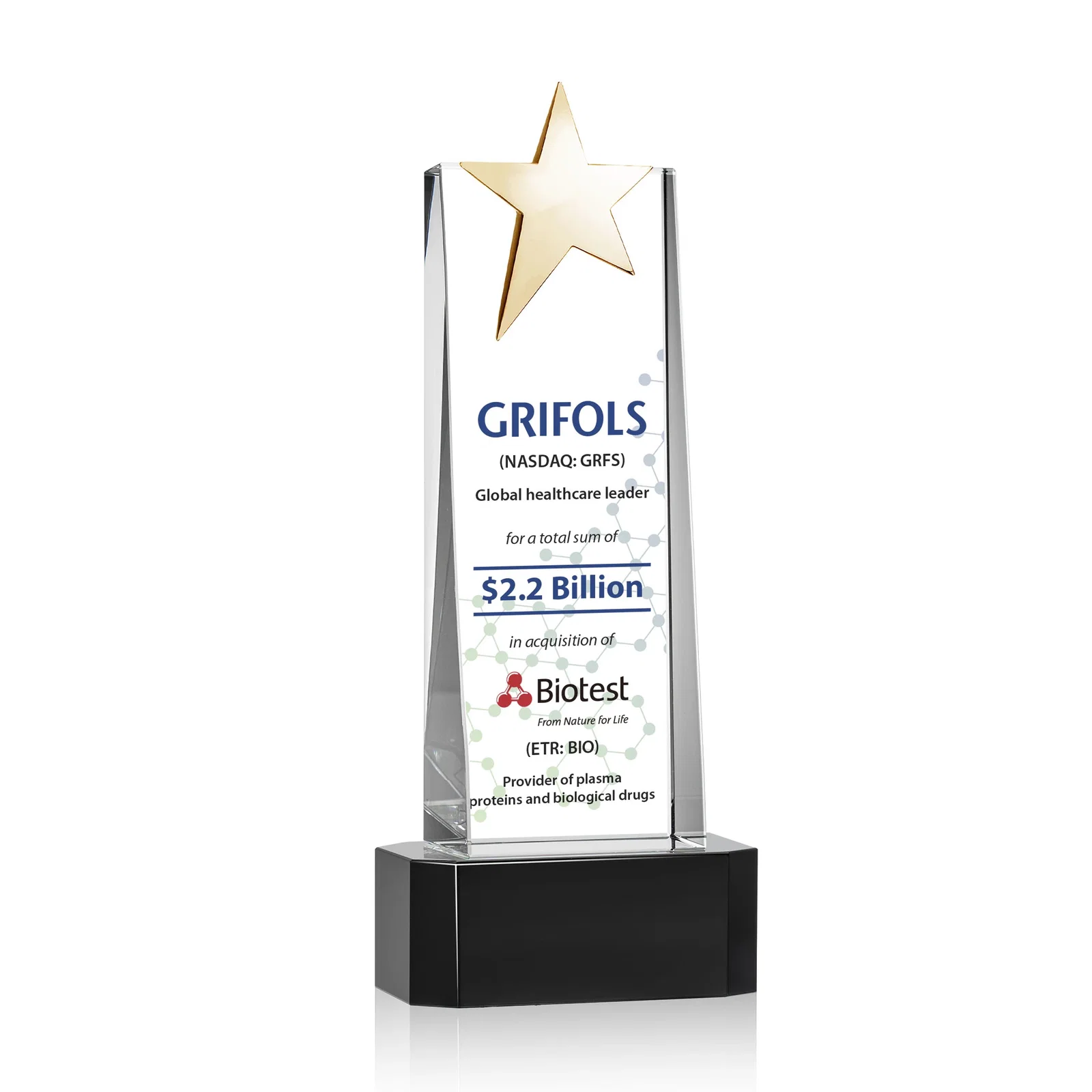 Custom engraved Optical Crystal Tower Award with Chrome Star Crown on Thick Base for employee recognition