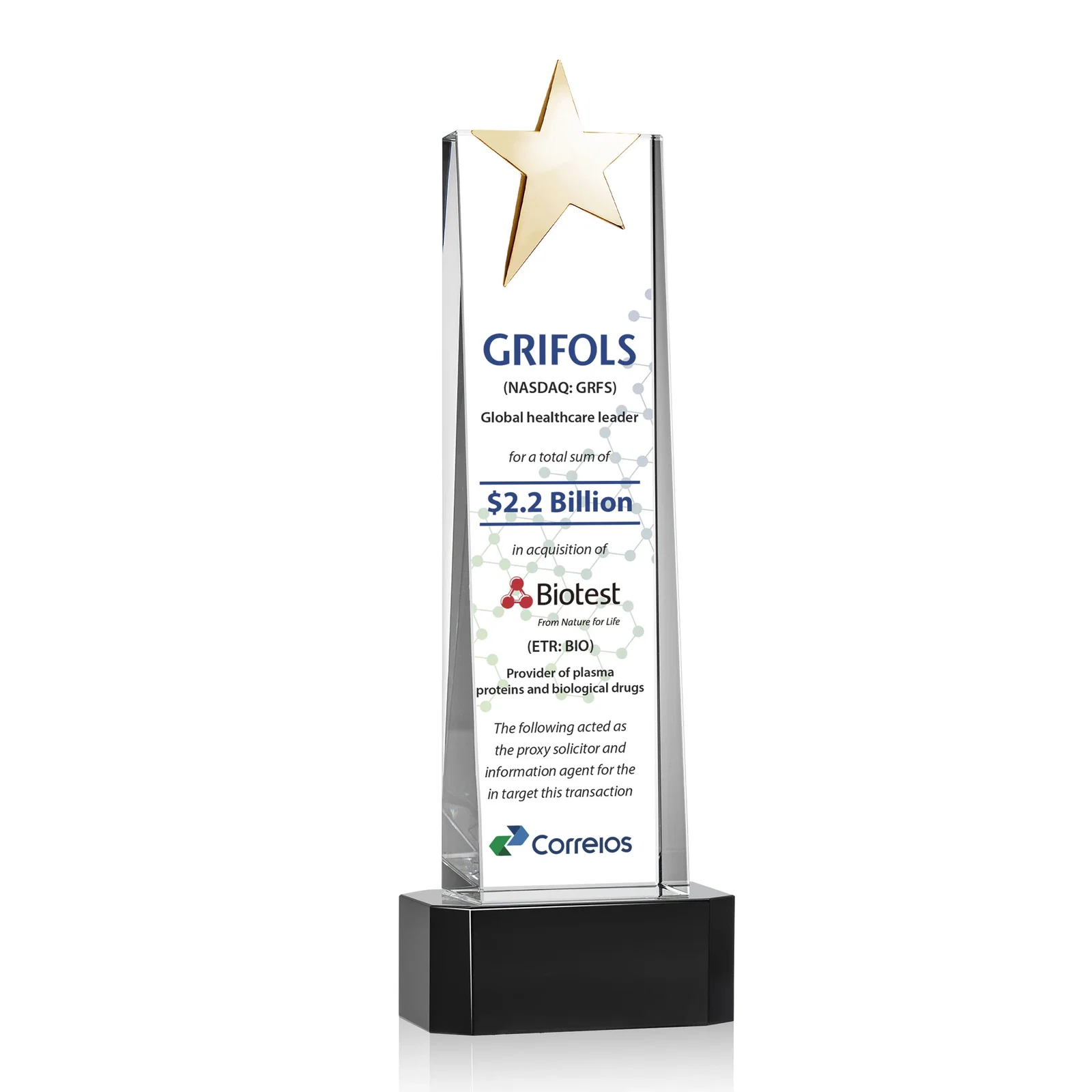 Custom engraved Optical Crystal Tower Award with Chrome Star Crown on Thick Base for corporate award ceremonies