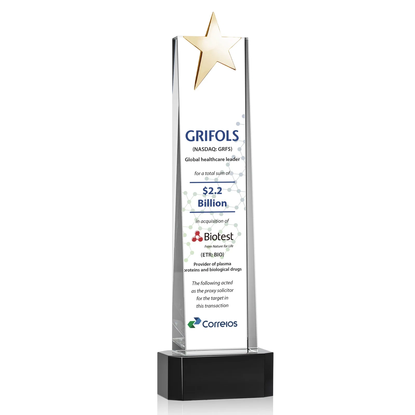 Custom engraved Optical Crystal Tower Award with Chrome Star Crown on Thick Base for service anniversary gifts