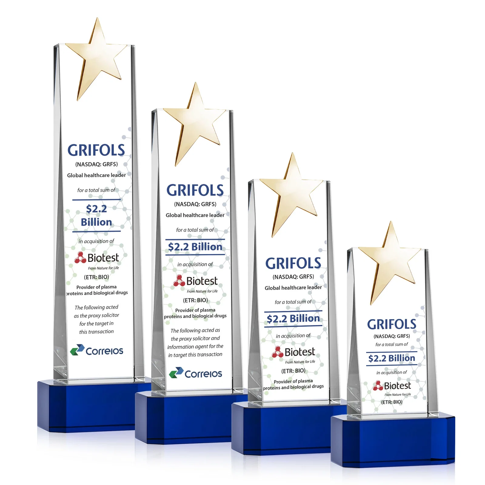 Custom engraved Optical Crystal Tower Award with Chrome Star Crown on Thick Base for sales achievement awards