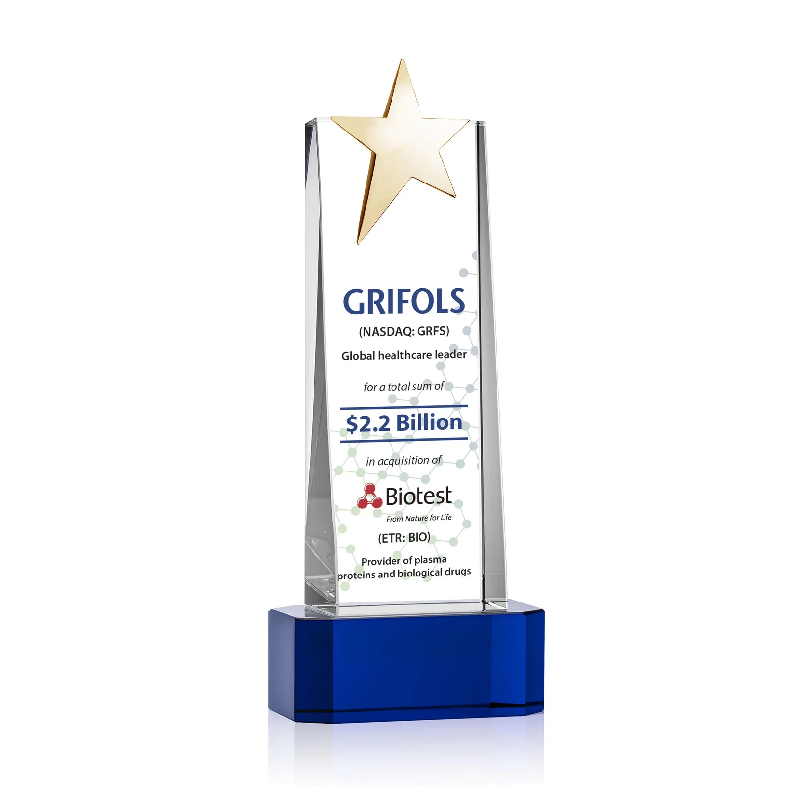 Custom engraved Optical Crystal Tower Award with Chrome Star Crown on Thick Base for team milestone celebrations