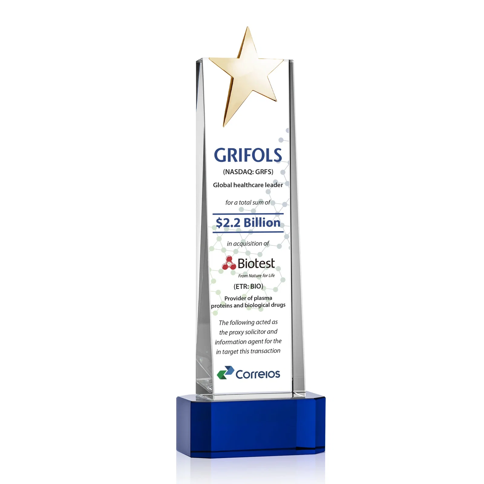 Custom engraved Optical Crystal Tower Award with Chrome Star Crown on Thick Base for donor appreciation