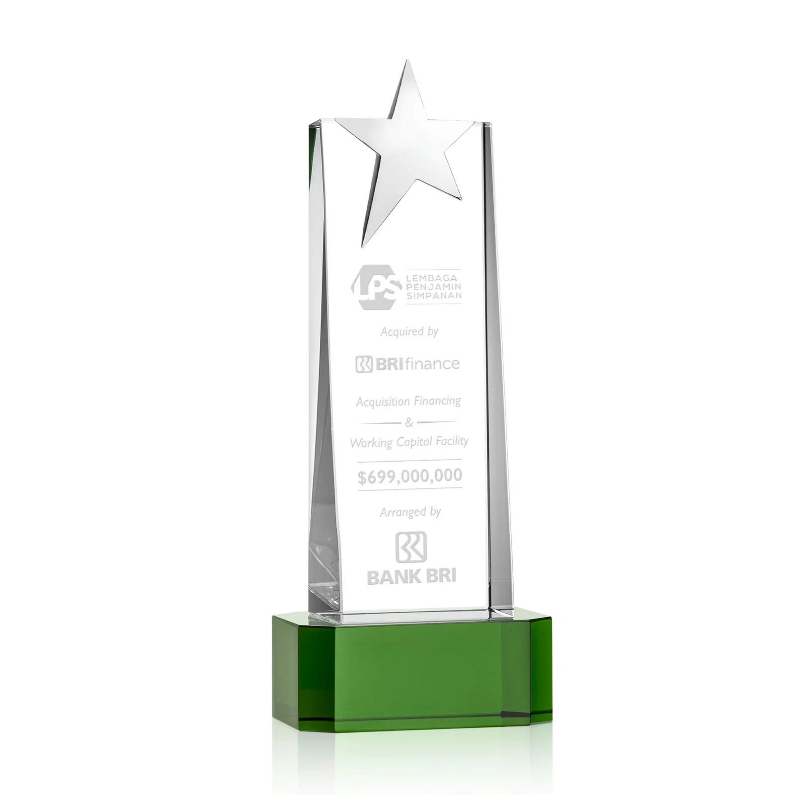Custom Optical Crystal Tower Award with Chrome Star Crown on Thick Base for graduation ceremonies