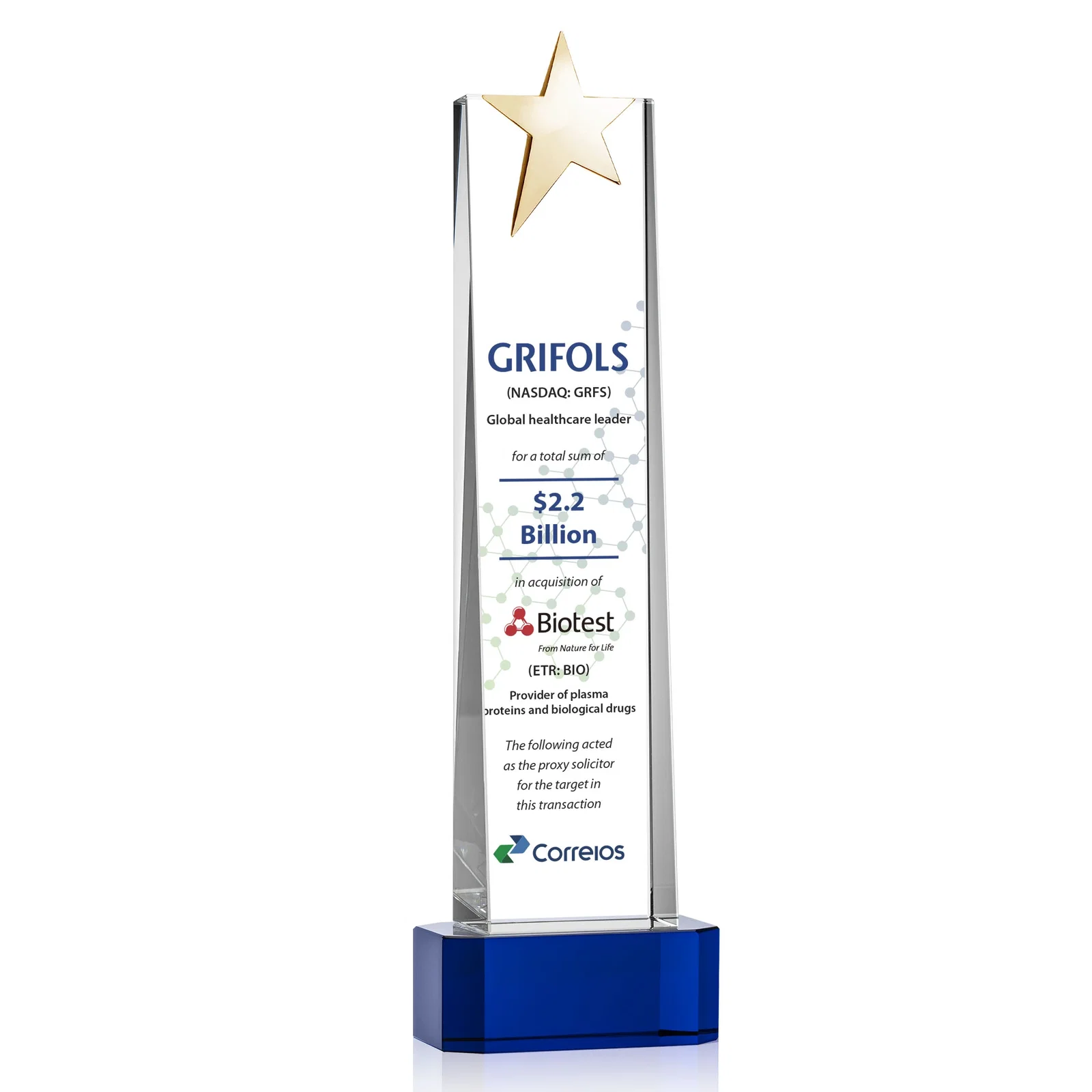 Custom engraved Optical Crystal Tower Award with Chrome Star Crown on Thick Base for graduation ceremonies