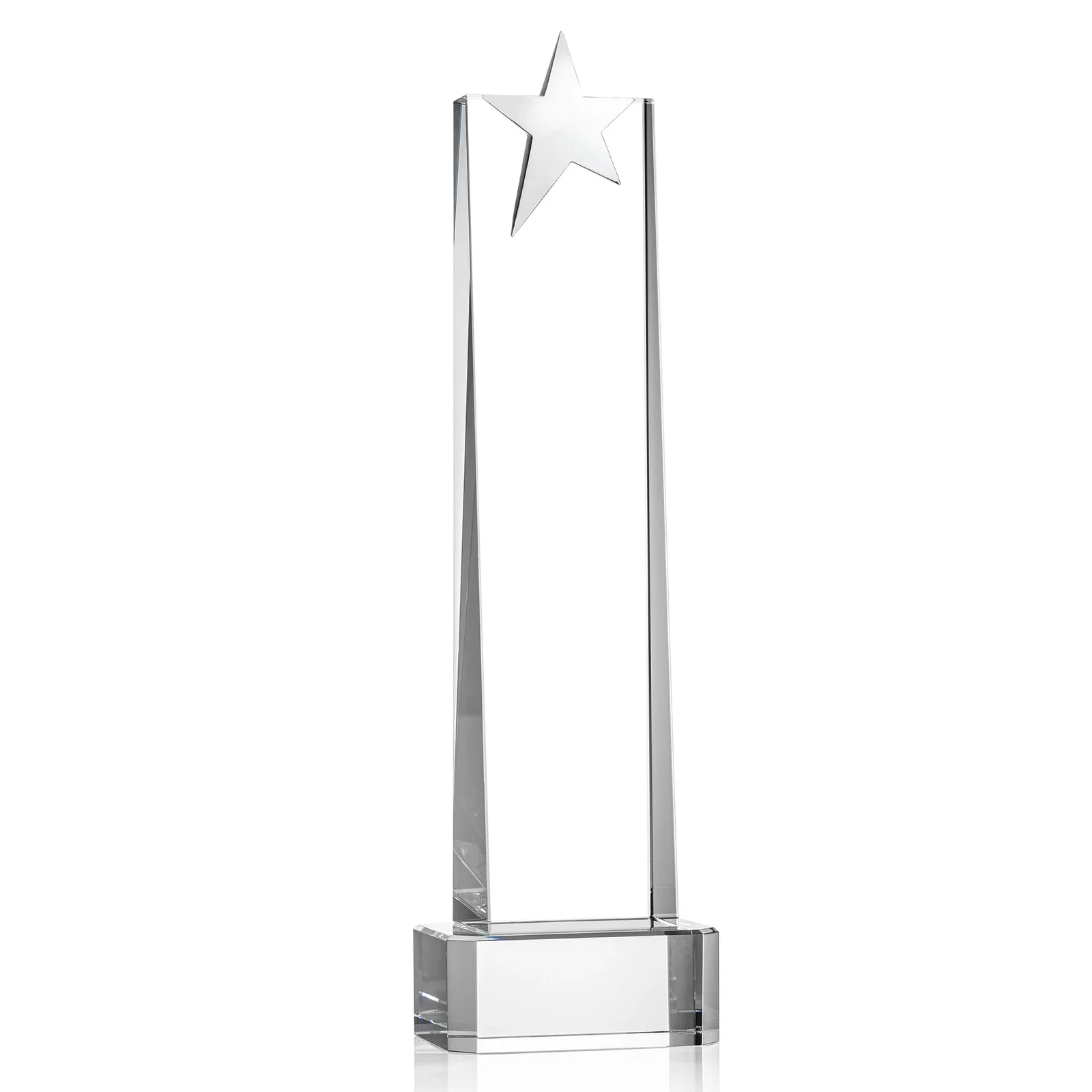 Custom engraved Optical Crystal Tower Award with Chrome Star Crown on Thick Base for company anniversary events