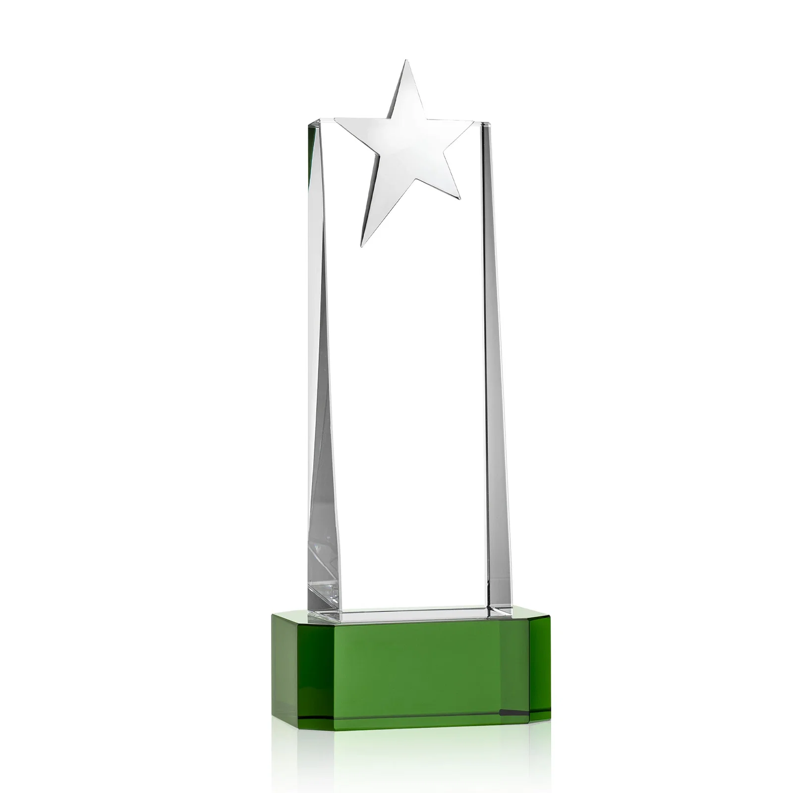 Custom Optical Crystal Tower Award with Chrome Star Crown on Thick Base, with your logo for corporate award ceremonies