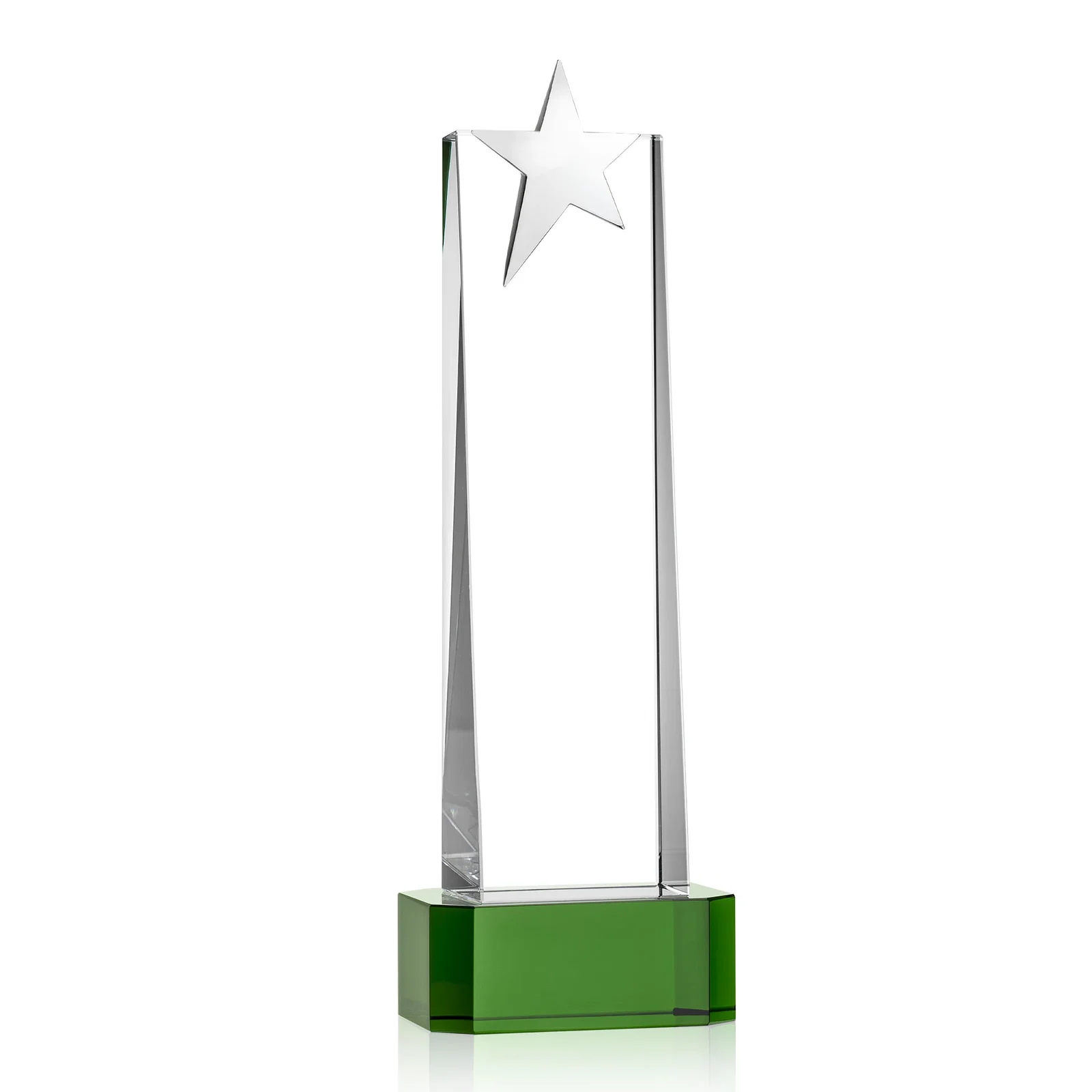 Custom Optical Crystal Tower Award with Chrome Star Crown on Thick Base, with your logo for service anniversary gifts