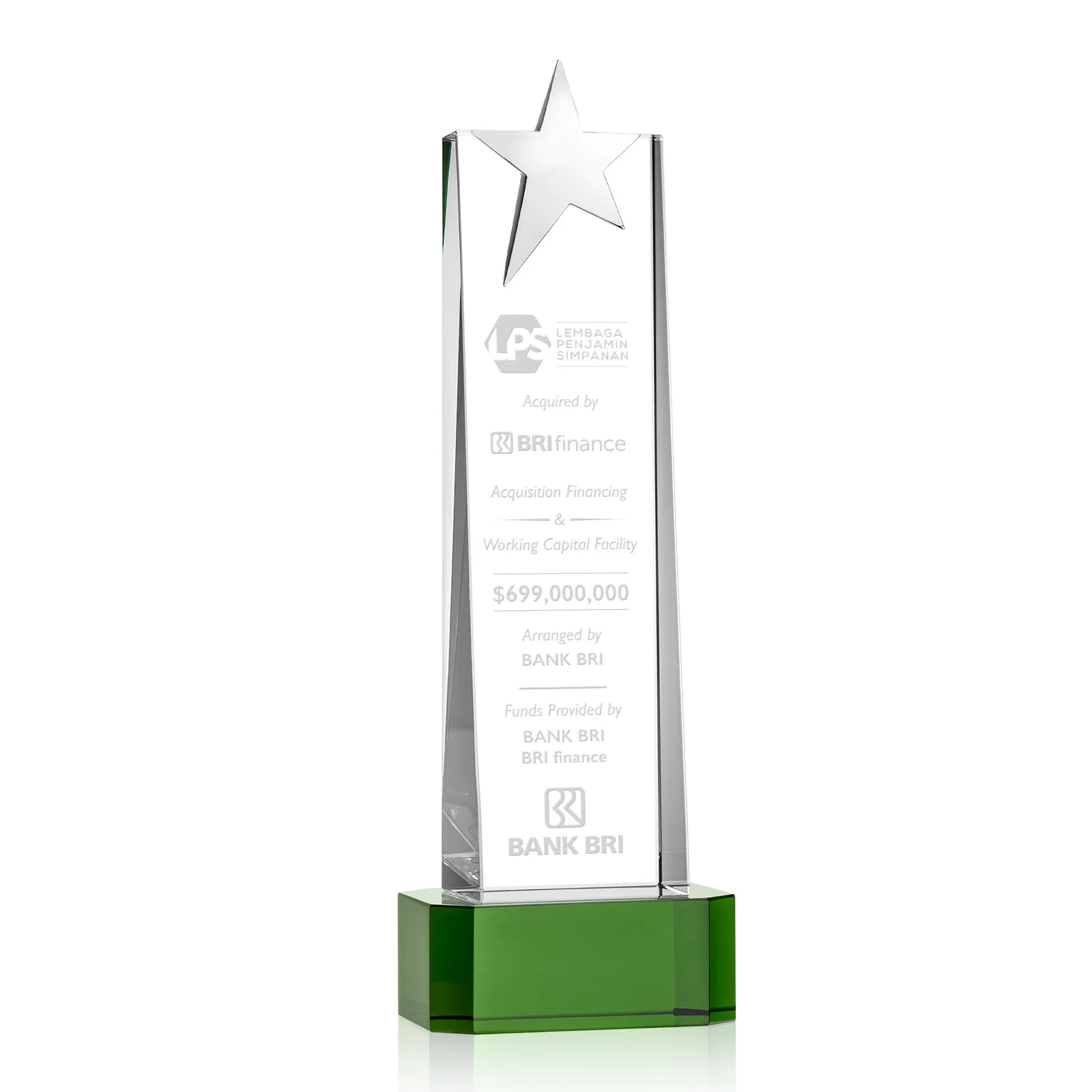 Custom Optical Crystal Tower Award with Chrome Star Crown on Thick Base for safety achievement programs