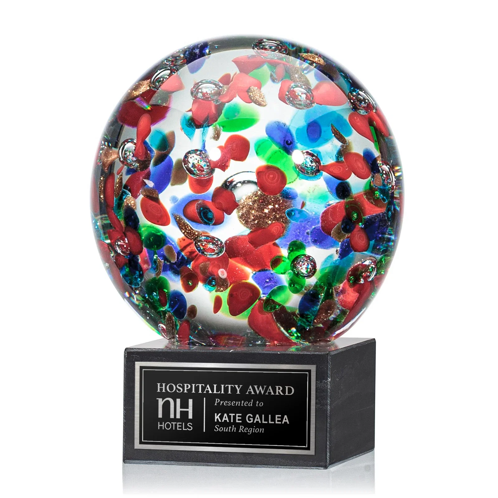 Custom Glass and Optical Crystal Sphere Award, marble for retirement presentations