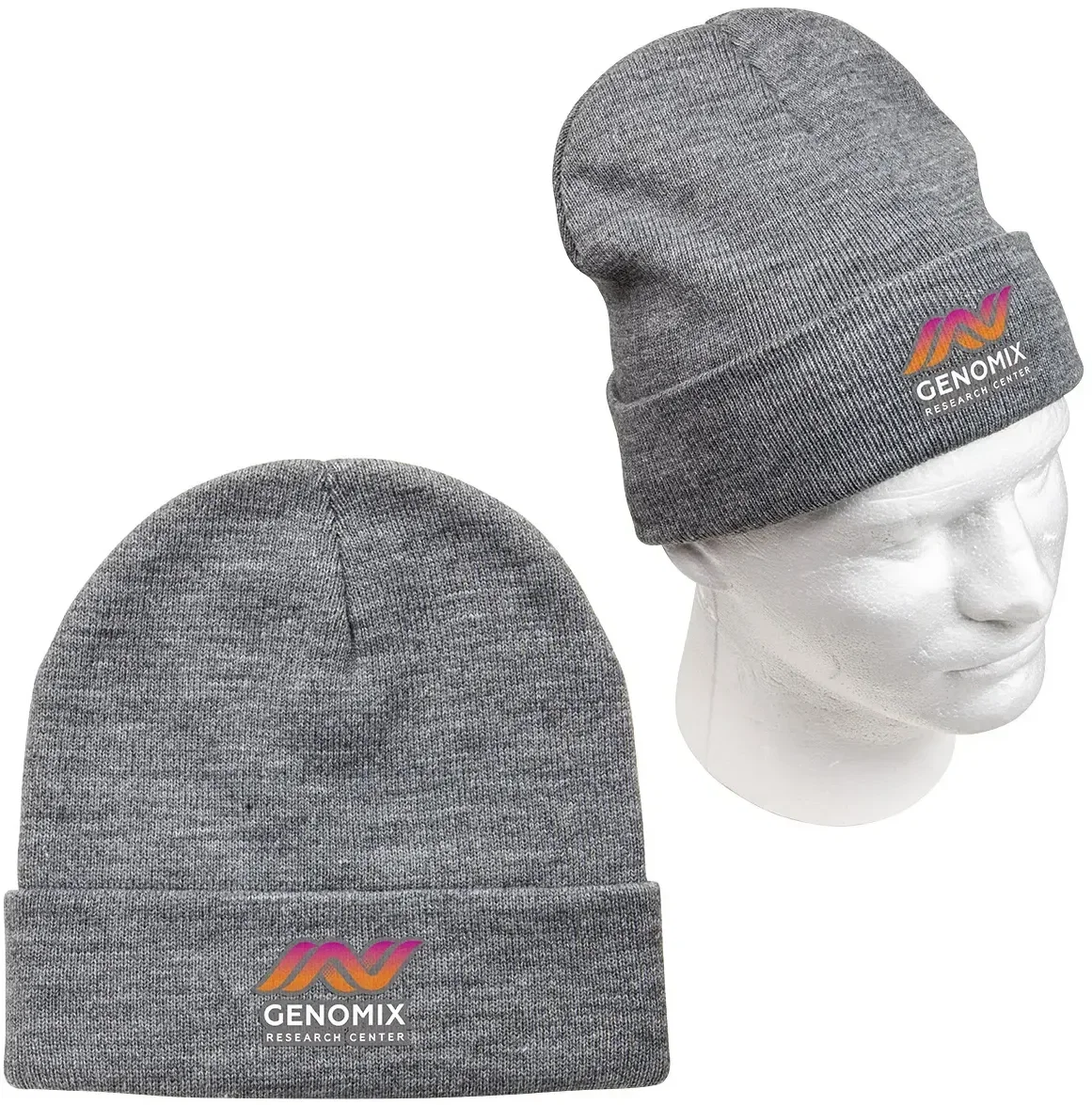 Custom branded recycled knit beanie showing its roll-up cuff, side view